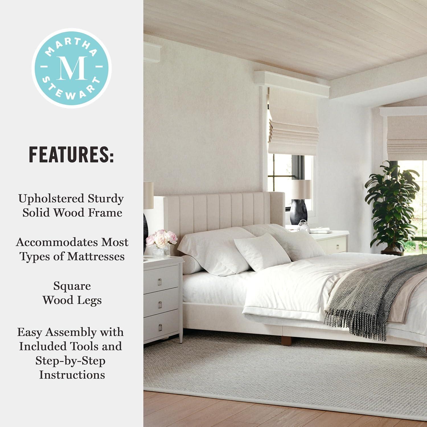 imageMartha Stewart Kay Low Profile Platform Bed with Wingback Headboard Channel Stitched Faux Linen Upholstery No Box Spring Needed King BeigeBeige FabricWalnut Legs