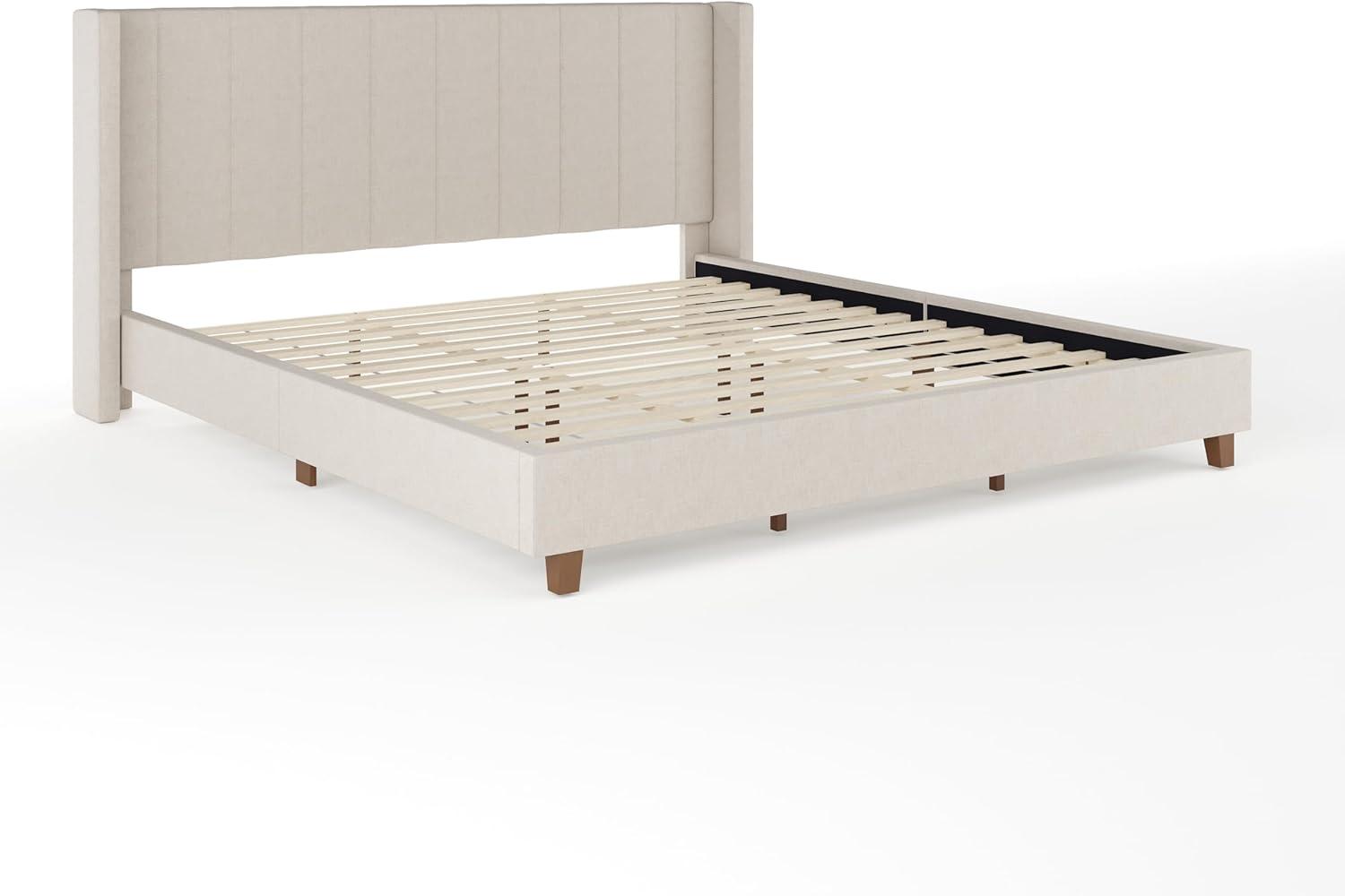 imageMartha Stewart Kay Low Profile Platform Bed with Wingback Headboard Channel Stitched Faux Linen Upholstery No Box Spring Needed King BeigeBeige FabricWalnut Legs