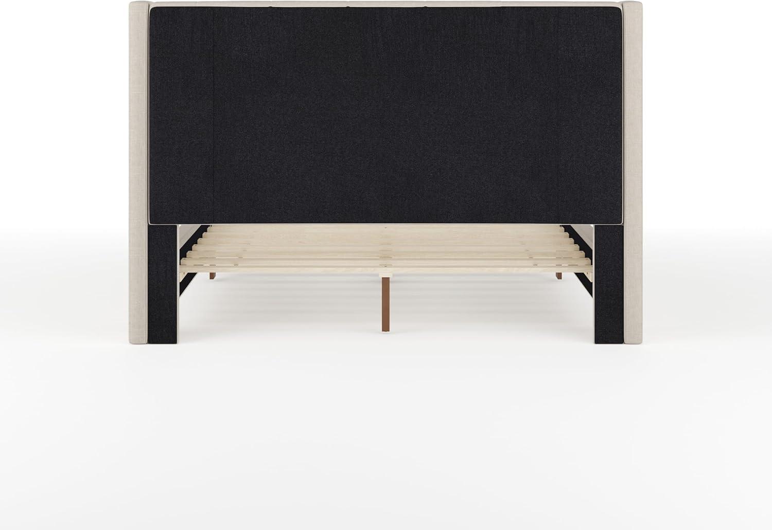 imageMartha Stewart Kay Low Profile Platform Bed with Wingback Headboard Channel Stitched Faux Linen Upholstery No Box Spring Needed King BeigeBeige FabricWalnut Legs