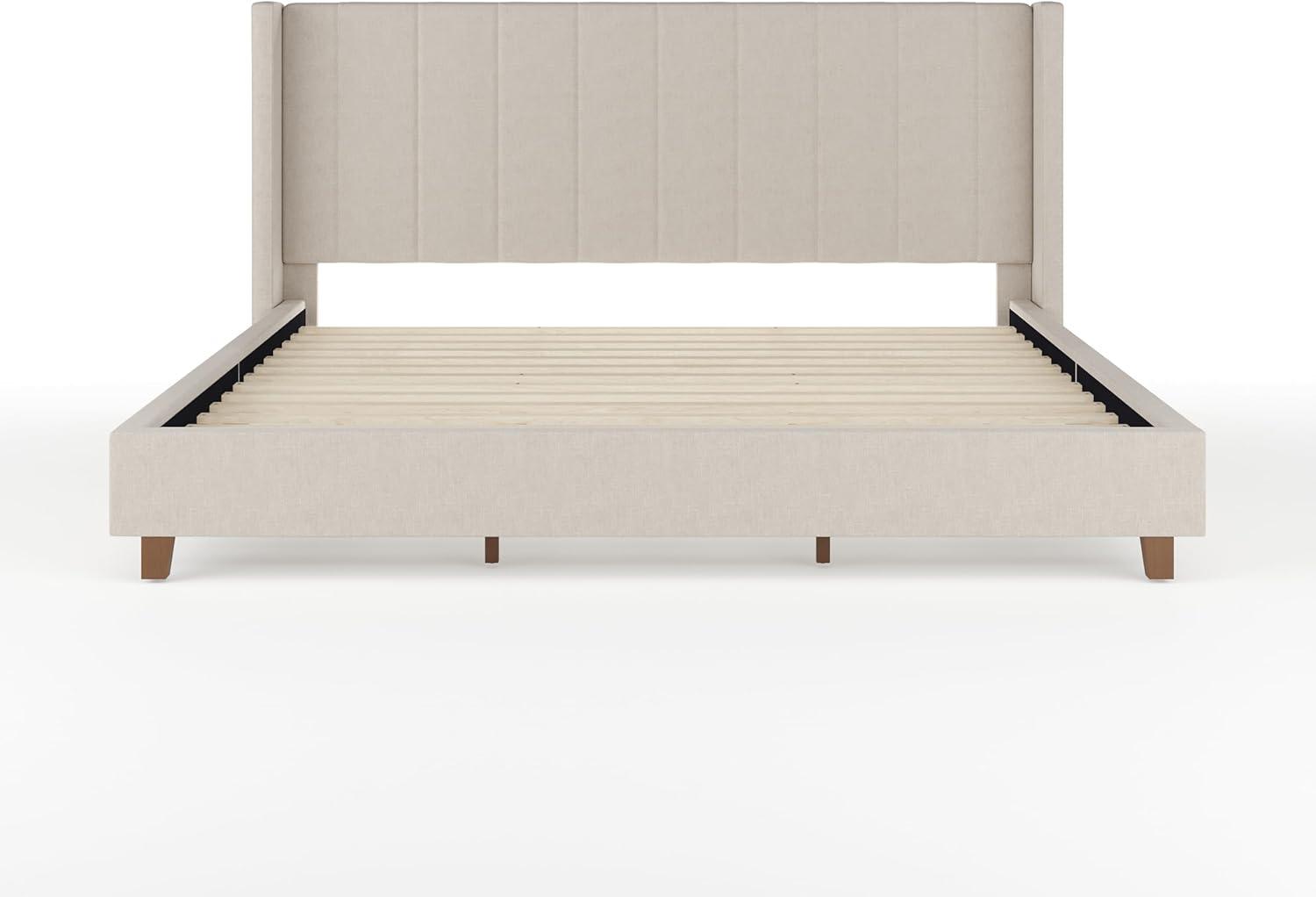 imageMartha Stewart Kay Low Profile Platform Bed with Wingback Headboard Channel Stitched Faux Linen Upholstery No Box Spring Needed King BeigeBeige FabricWalnut Legs
