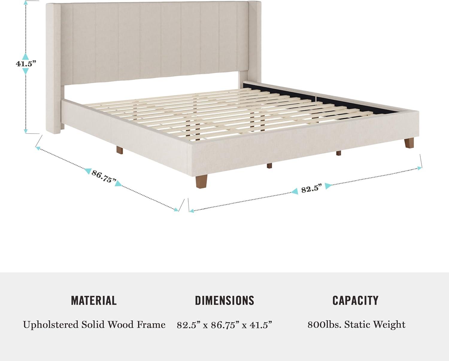 imageMartha Stewart Kay Low Profile Platform Bed with Wingback Headboard Channel Stitched Faux Linen Upholstery No Box Spring Needed King BeigeBeige FabricWalnut Legs