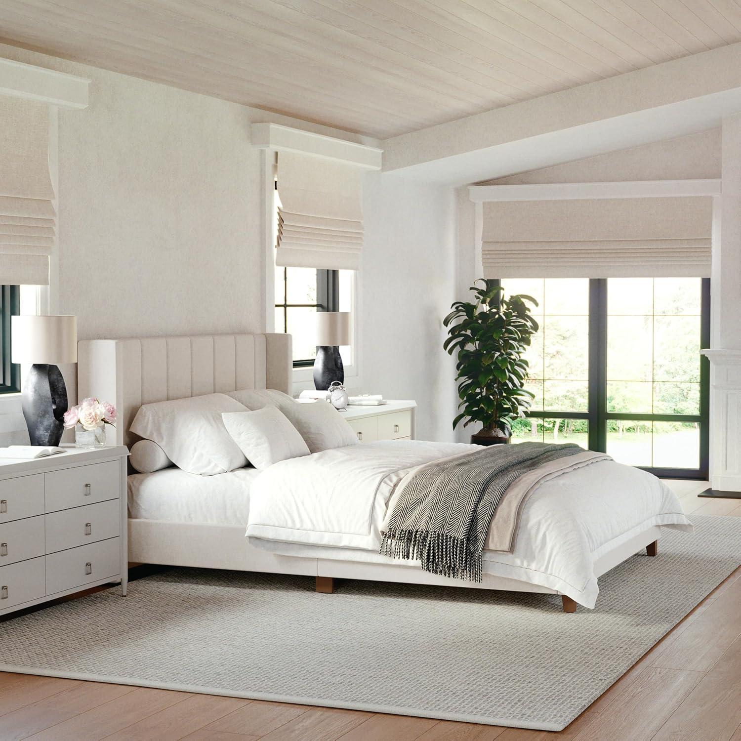 imageMartha Stewart Kay Low Profile Platform Bed with Wingback Headboard Channel Stitched Faux Linen Upholstery No Box Spring Needed King BeigeBeige FabricWalnut Legs