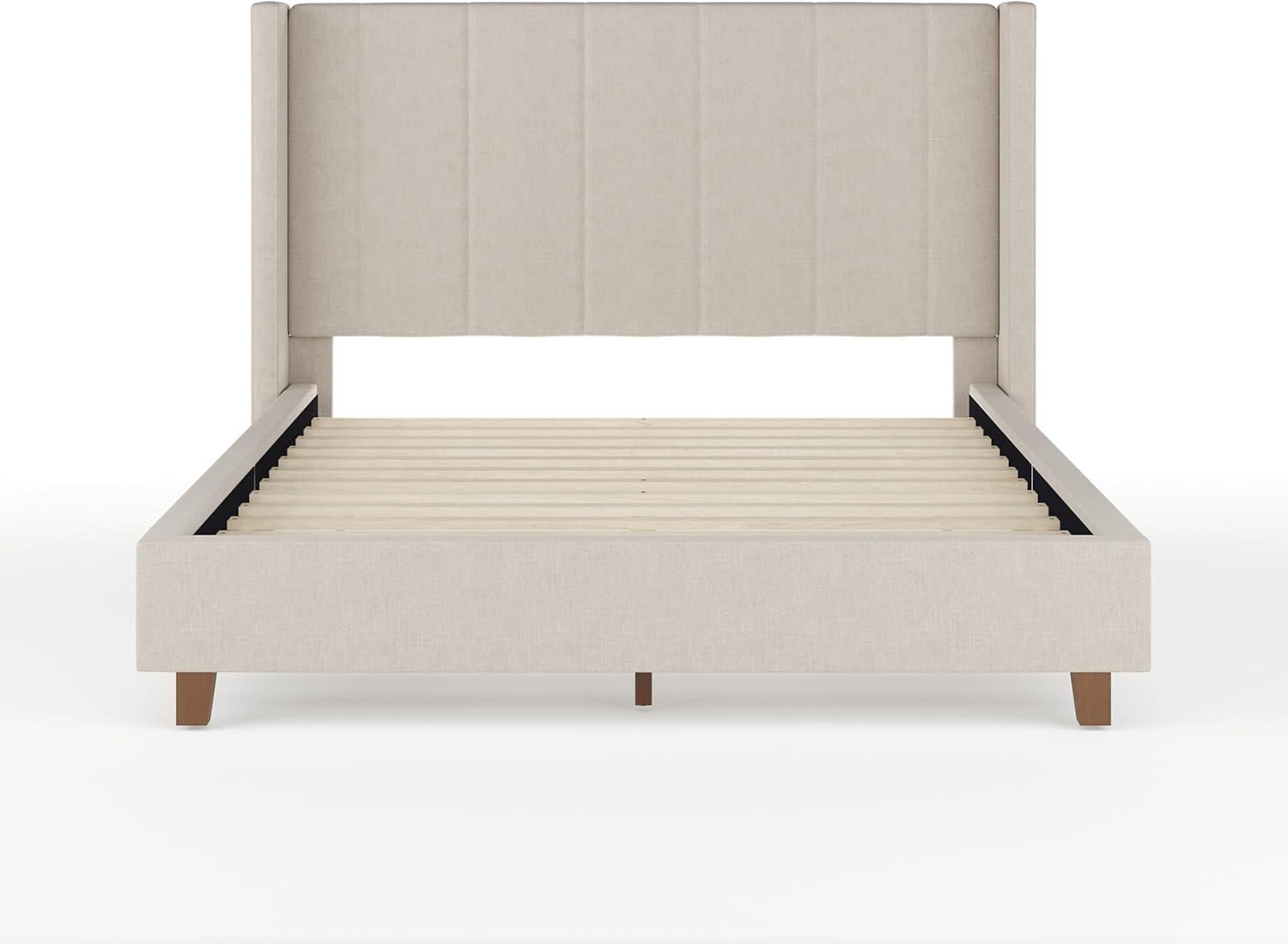imageMartha Stewart Kay Low Profile Platform Bed with Wingback Headboard Channel Stitched Faux Linen Upholstery No Box Spring Needed King BeigeBeige FabricWalnut Legs