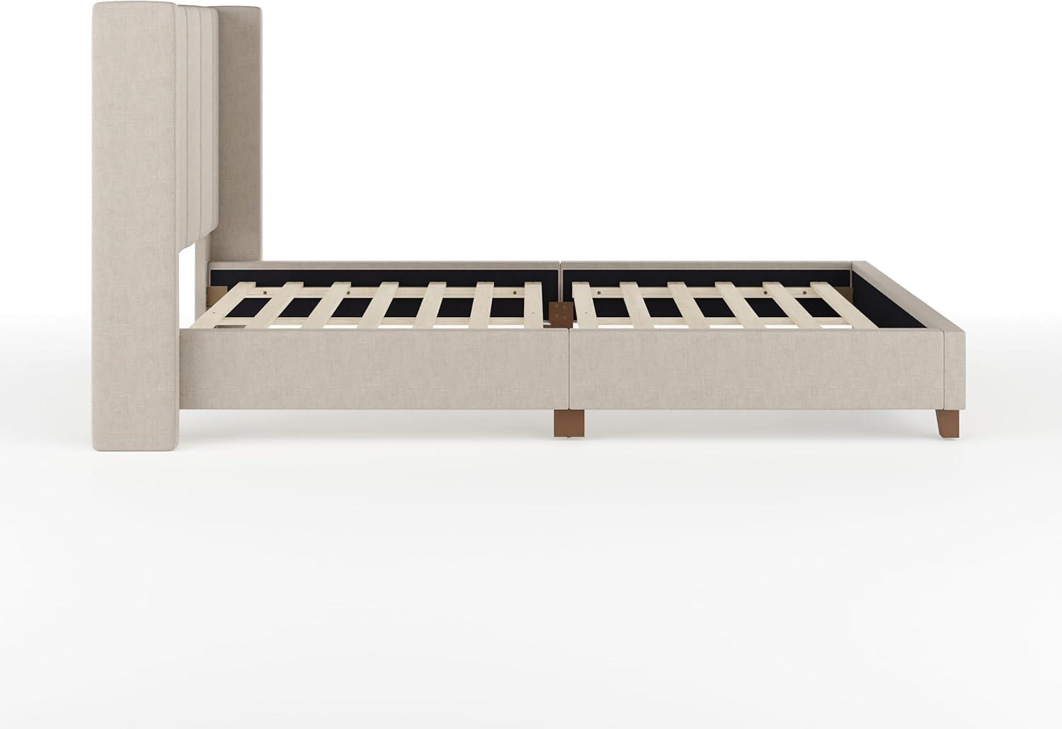 imageMartha Stewart Kay Low Profile Platform Bed with Wingback Headboard Channel Stitched Faux Linen Upholstery No Box Spring Needed King BeigeBeige FabricWalnut Legs