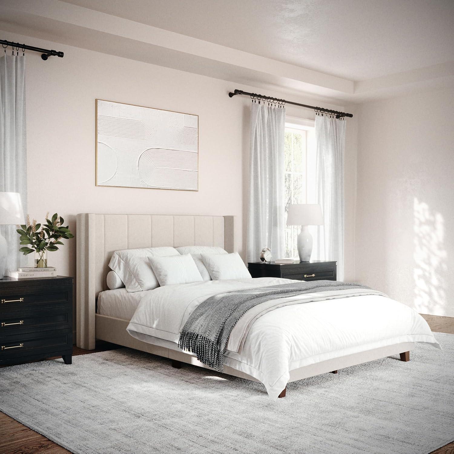 imageMartha Stewart Kay Low Profile Platform Bed with Wingback Headboard Channel Stitched Faux Linen Upholstery No Box Spring Needed King BeigeBeige FabricWalnut Legs