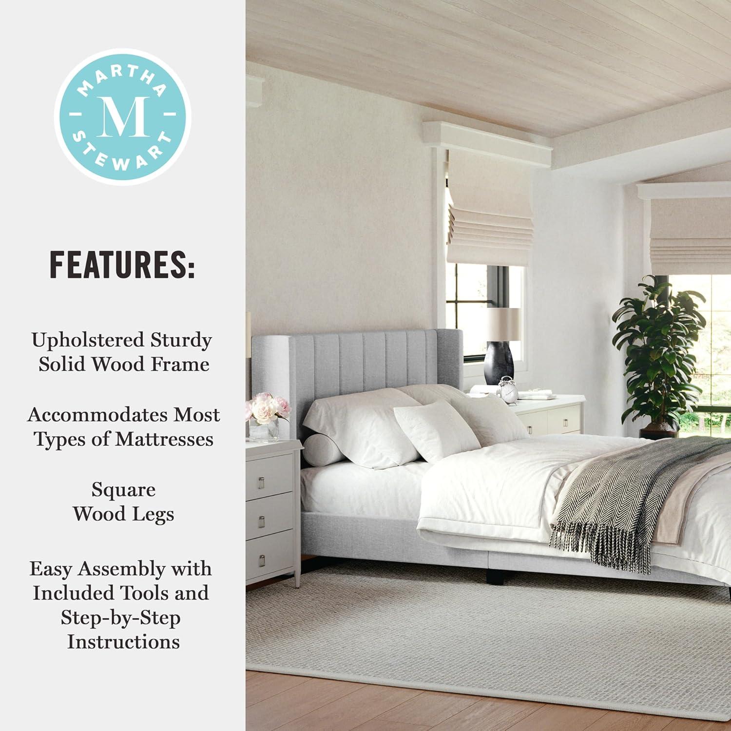 imageMartha Stewart Kay Low Profile Platform Bed with Wingback Headboard Channel Stitched Faux Linen Upholstery No Box Spring Needed King BeigeGray FabricBlack Legs