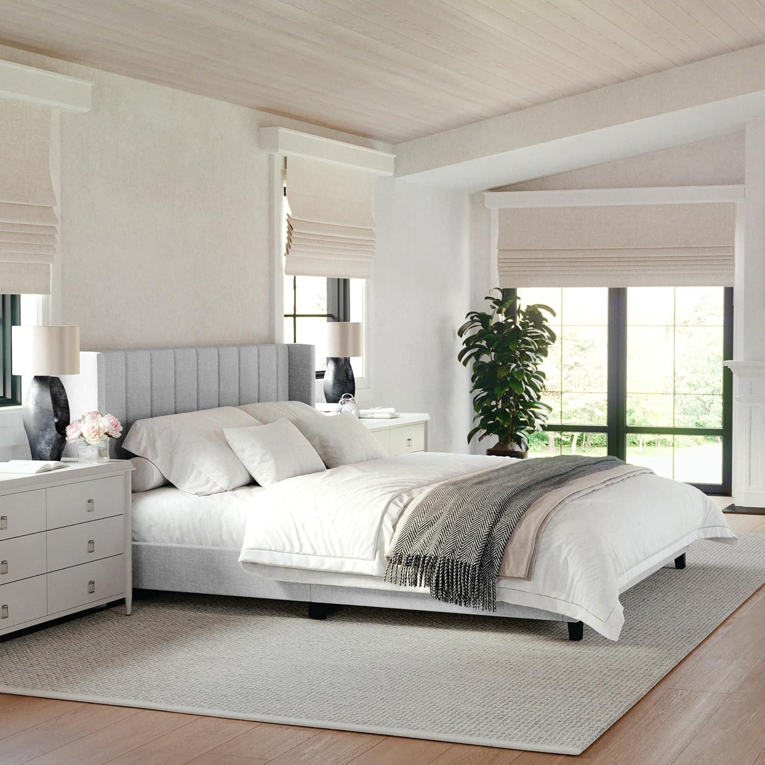 imageMartha Stewart Kay Low Profile Platform Bed with Wingback Headboard Channel Stitched Faux Linen Upholstery No Box Spring Needed King BeigeGray FabricBlack Legs