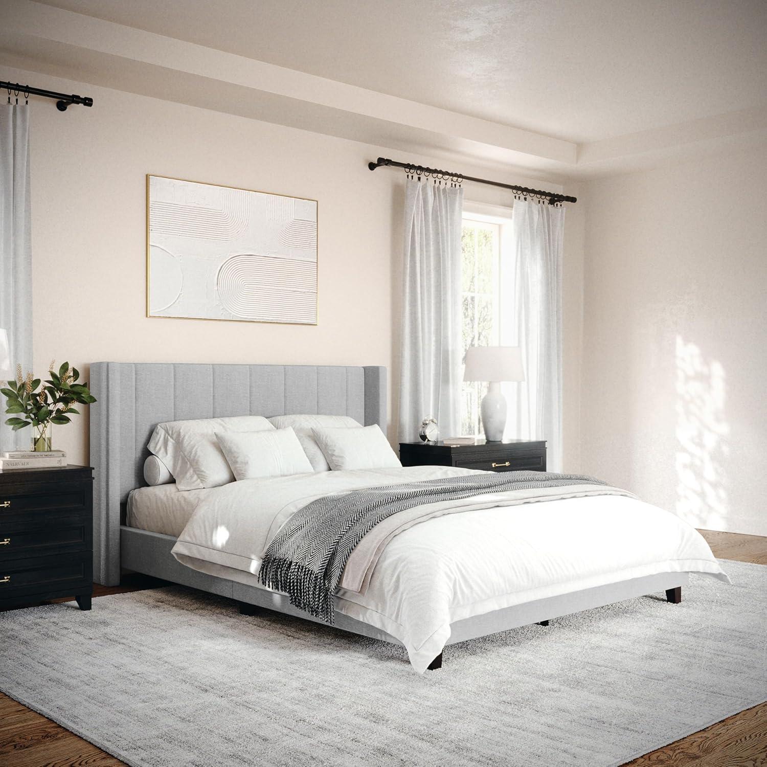 imageMartha Stewart Kay Low Profile Platform Bed with Wingback Headboard Channel Stitched Faux Linen Upholstery No Box Spring Needed King BeigeGray FabricBlack Legs