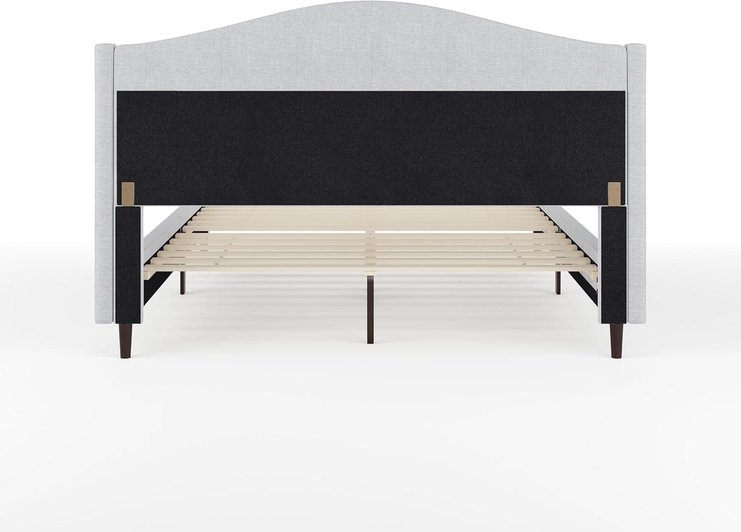 imageMartha Stewart Kay Low Profile Platform Bed with Wingback Headboard Channel Stitched Faux Linen Upholstery No Box Spring Needed King BeigeGray FabricBlack Legs