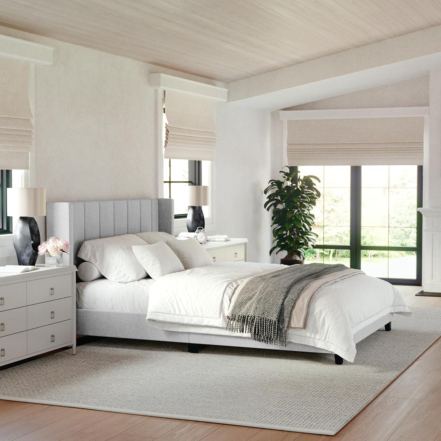 imageMartha Stewart Kay Low Profile Platform Bed with Wingback Headboard Channel Stitched Faux Linen Upholstery No Box Spring Needed King BeigeGray FabricBlack Legs