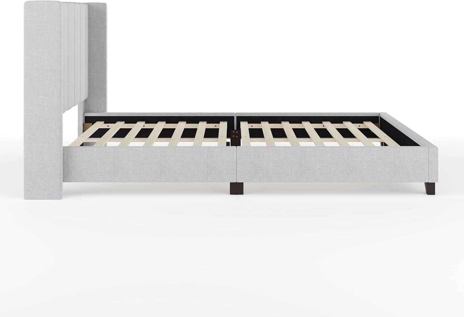 imageMartha Stewart Kay Low Profile Platform Bed with Wingback Headboard Channel Stitched Faux Linen Upholstery No Box Spring Needed King BeigeGray FabricBlack Legs