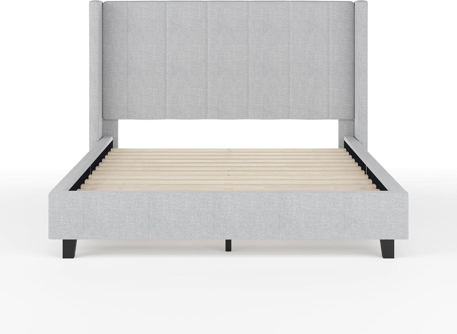 imageMartha Stewart Kay Low Profile Platform Bed with Wingback Headboard Channel Stitched Faux Linen Upholstery No Box Spring Needed King BeigeGray FabricBlack Legs