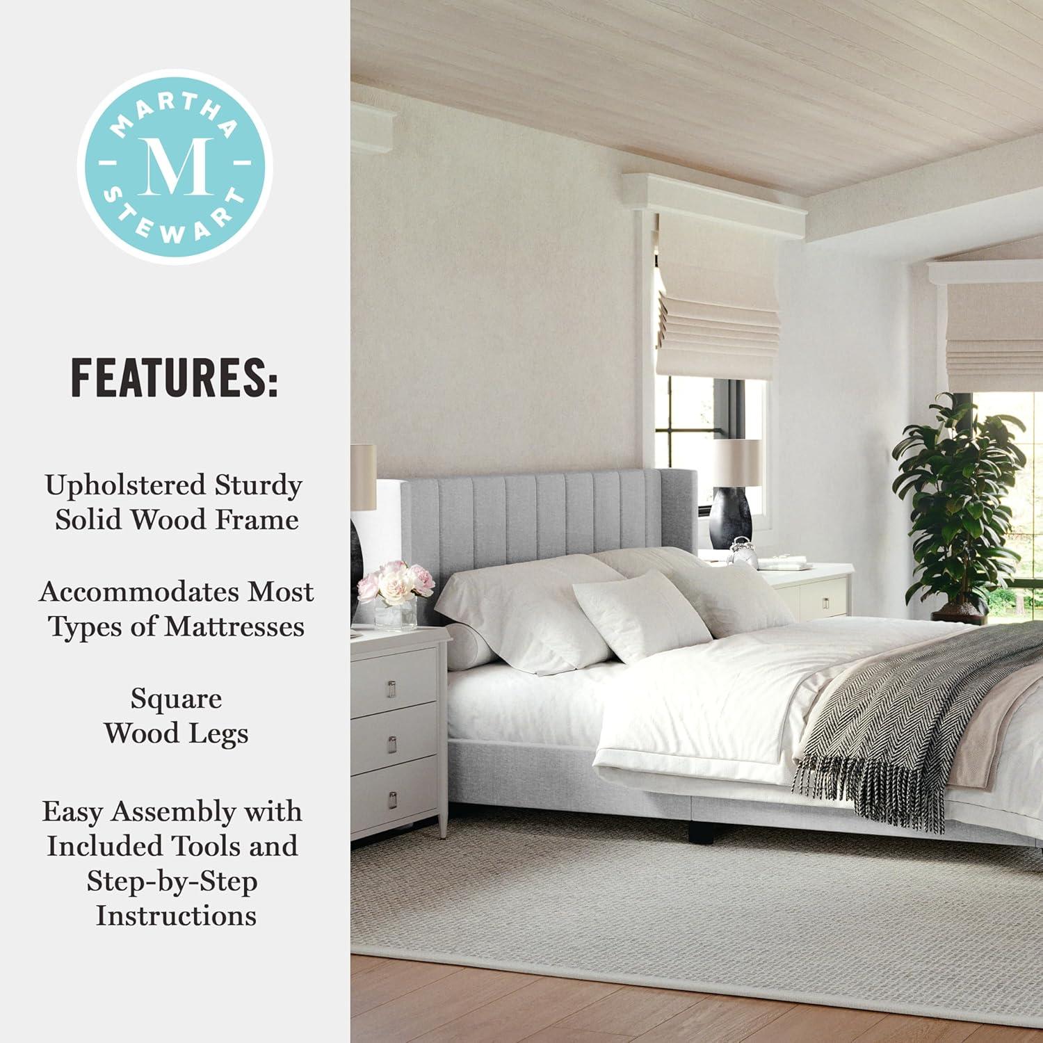imageMartha Stewart Kay Low Profile Platform Bed with Wingback Headboard Channel Stitched Faux Linen Upholstery No Box Spring Needed King BeigeGray FabricBlack Legs