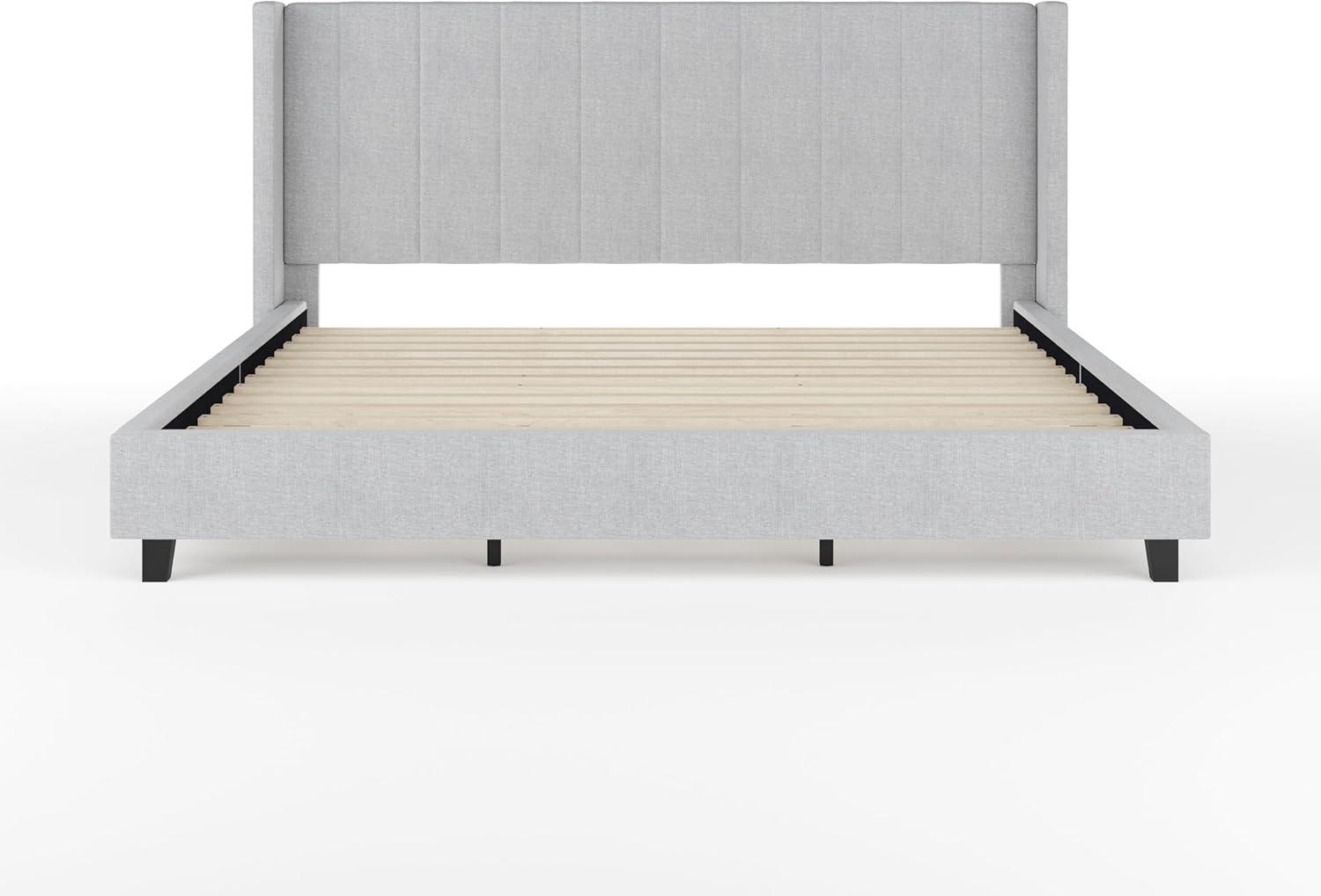 imageMartha Stewart Kay Low Profile Platform Bed with Wingback Headboard Channel Stitched Faux Linen Upholstery No Box Spring Needed King BeigeGray FabricBlack Legs
