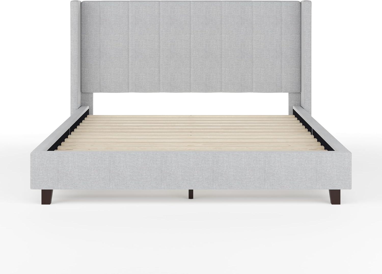 imageMartha Stewart Kay Low Profile Platform Bed with Wingback Headboard Channel Stitched Faux Linen Upholstery No Box Spring Needed King BeigeGray FabricBlack Legs