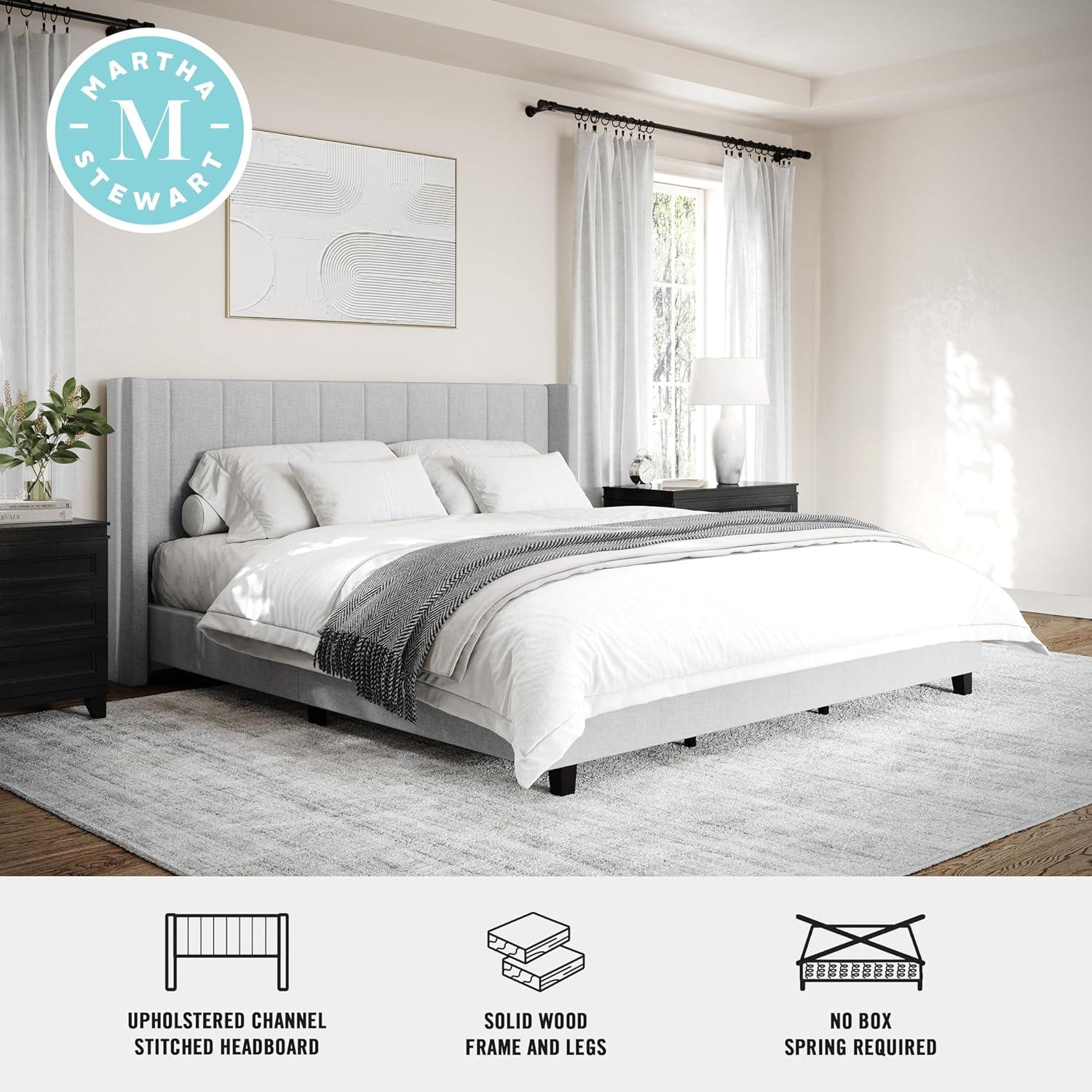 imageMartha Stewart Kay Low Profile Platform Bed with Wingback Headboard Channel Stitched Faux Linen Upholstery No Box Spring Needed King BeigeGray FabricBlack Legs