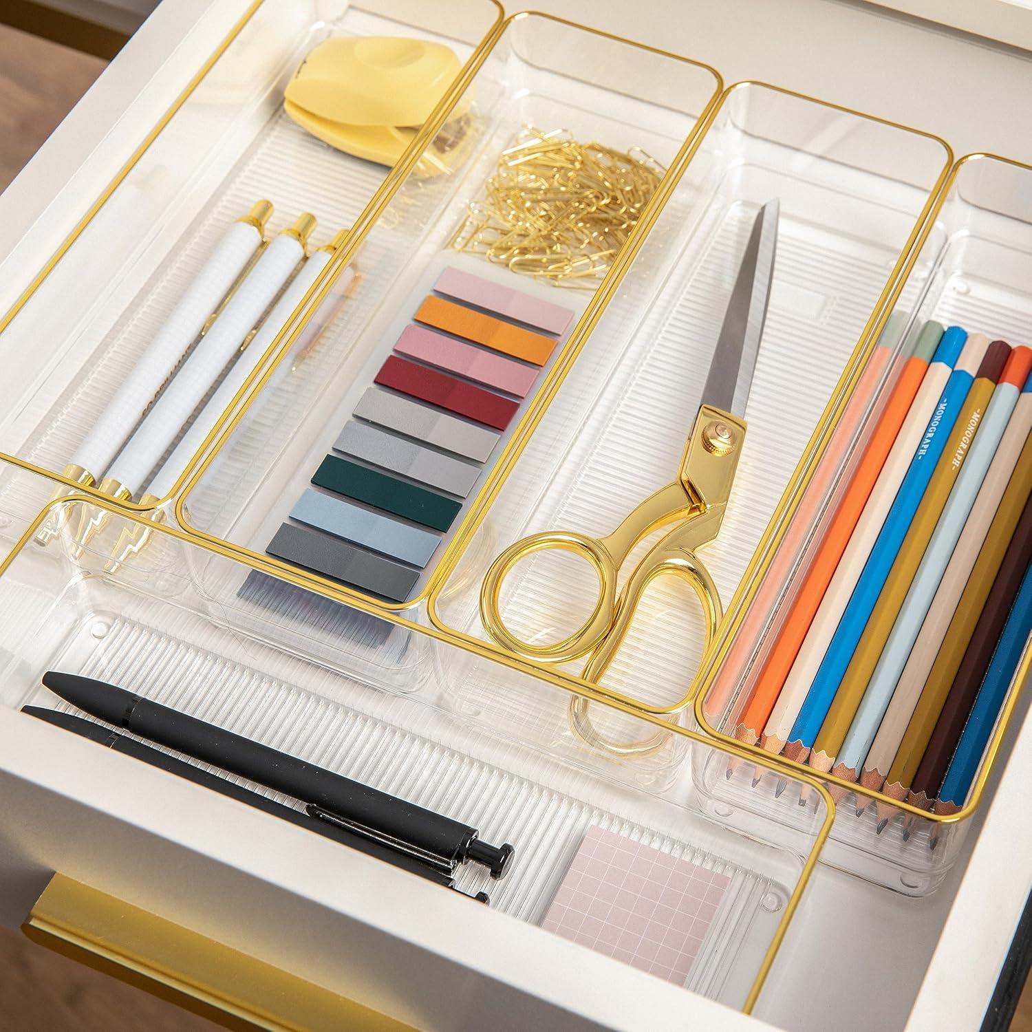 imageMartha Stewart Kerry Plastic Stackable Office Desk Drawer Organizers 6quot x 3quot 6 Pack with Gold Trim12 x 3