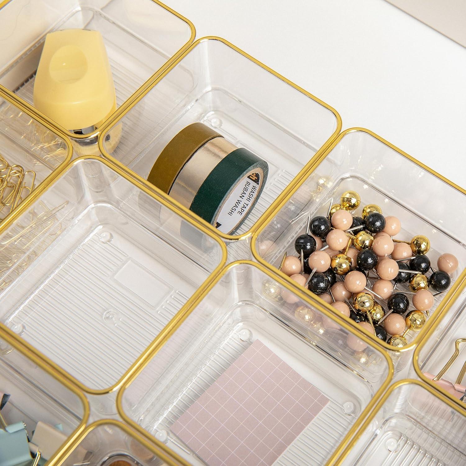 imageMartha Stewart Kerry Plastic Stackable Office Desk Drawer Organizers 6quot x 3quot 6 Pack with Gold Trim3 x 3