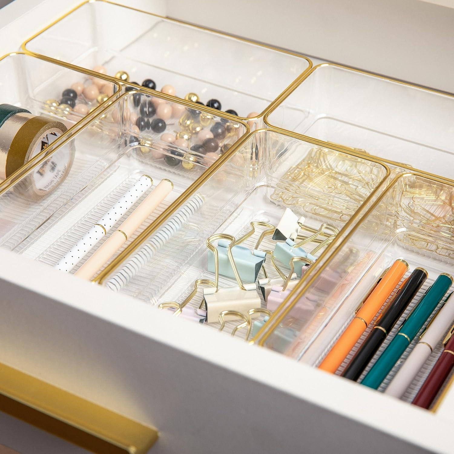 imageMartha Stewart Kerry Plastic Stackable Office Desk Drawer Organizers 6quot x 3quot 6 Pack with Gold Trim6 x 3