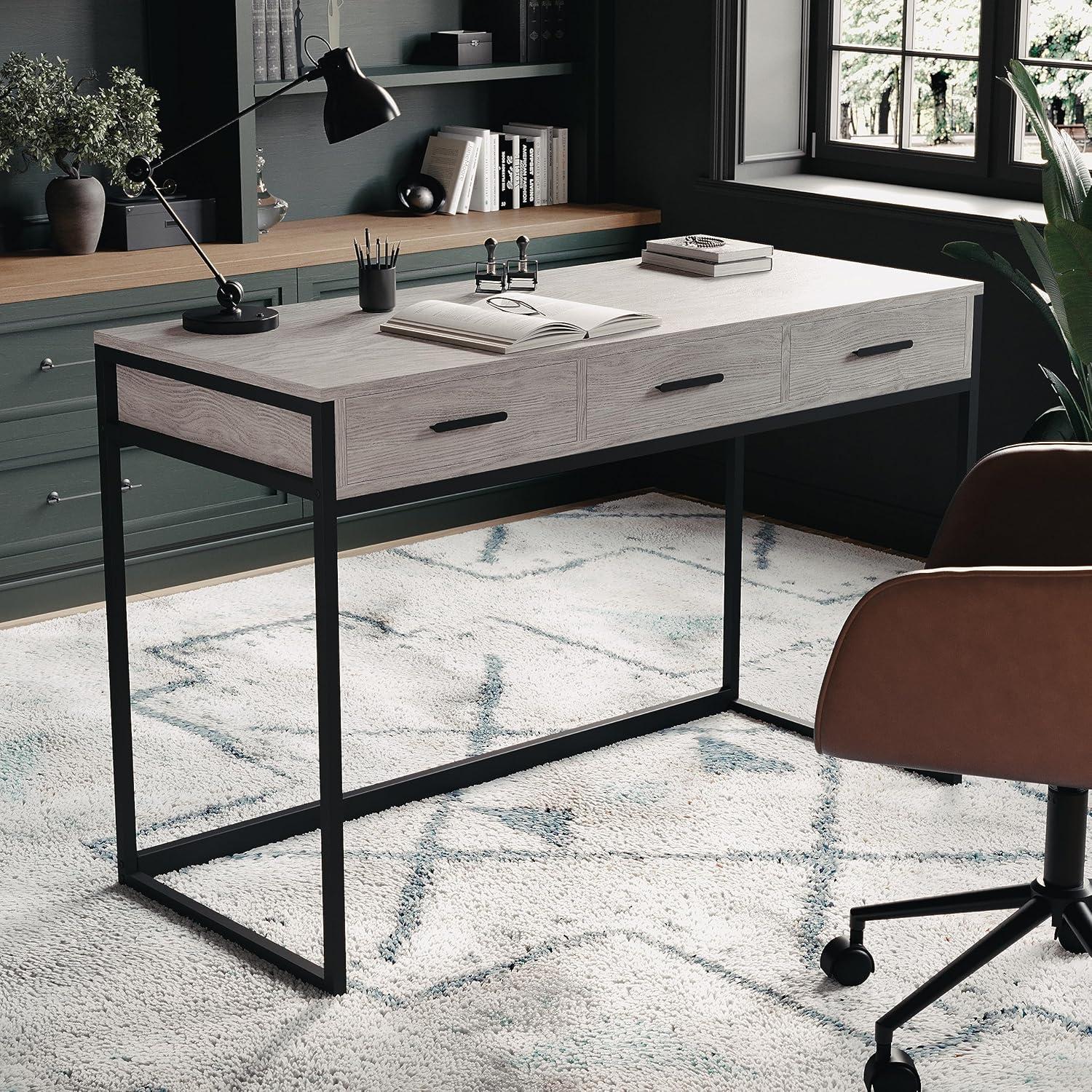 imageMartha Stewart Ollie Home Office Desk with 3 Drawers in Walnut Wood Grain with Polished Brass HardwareGray TopOil Rubbed Bronze Frame