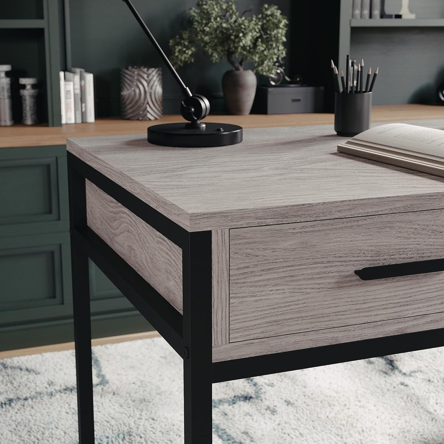 imageMartha Stewart Ollie Home Office Desk with 3 Drawers in Walnut Wood Grain with Polished Brass HardwareGray TopOil Rubbed Bronze Frame