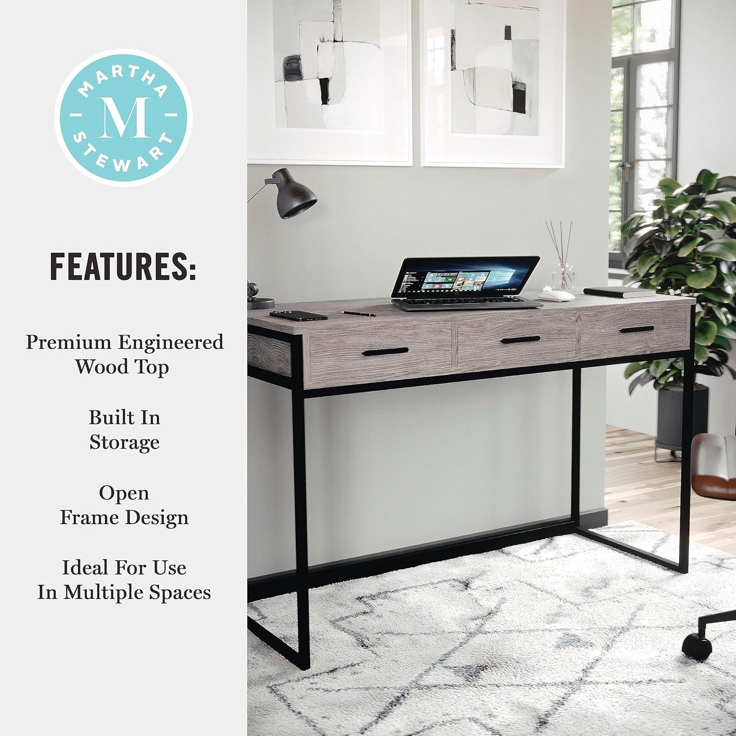 imageMartha Stewart Ollie Home Office Desk with 3 Drawers in Walnut Wood Grain with Polished Brass HardwareGray TopOil Rubbed Bronze Frame