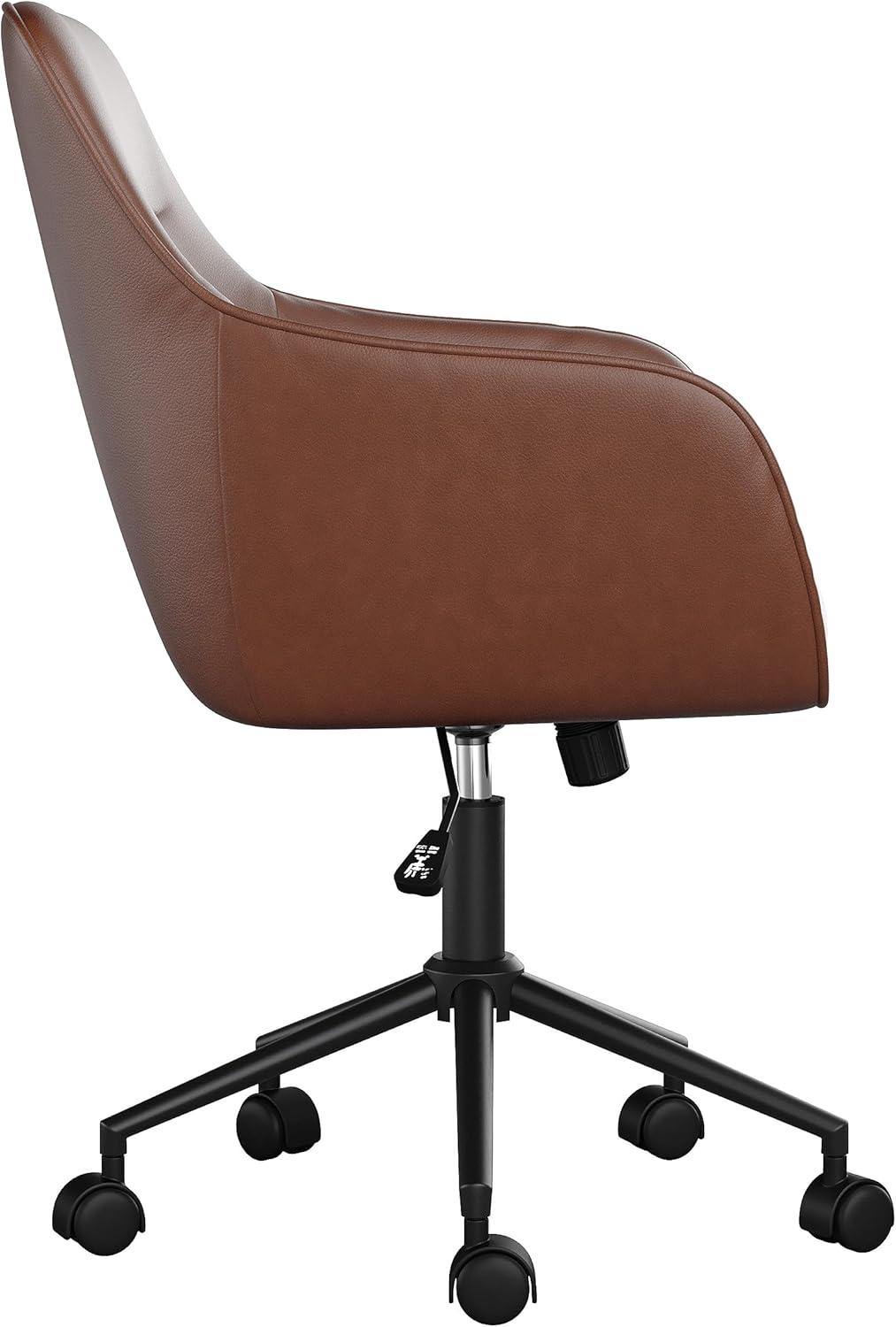 imageMartha Stewart Rayna Swivel Task Chair with Flared Arms for Home Office in White Boucle with Oil Rubbed Bronze FrameSaddle Brown Faux LeatherOil Rubbed Bronze