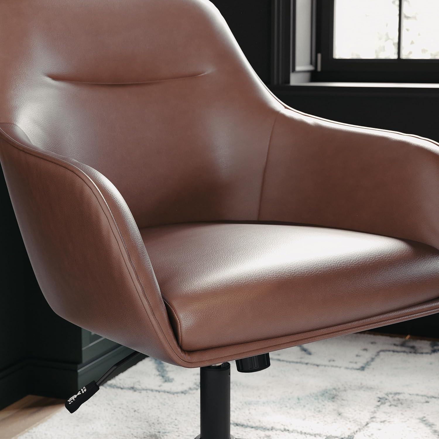 imageMartha Stewart Rayna Swivel Task Chair with Flared Arms for Home Office in White Boucle with Oil Rubbed Bronze FrameSaddle Brown Faux LeatherOil Rubbed Bronze
