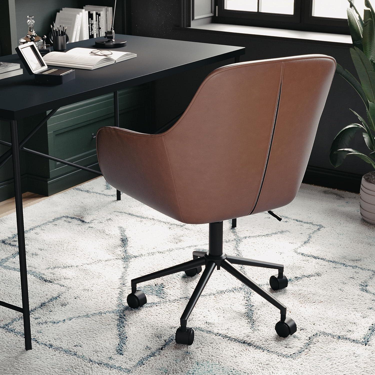imageMartha Stewart Rayna Swivel Task Chair with Flared Arms for Home Office in White Boucle with Oil Rubbed Bronze FrameSaddle Brown Faux LeatherOil Rubbed Bronze