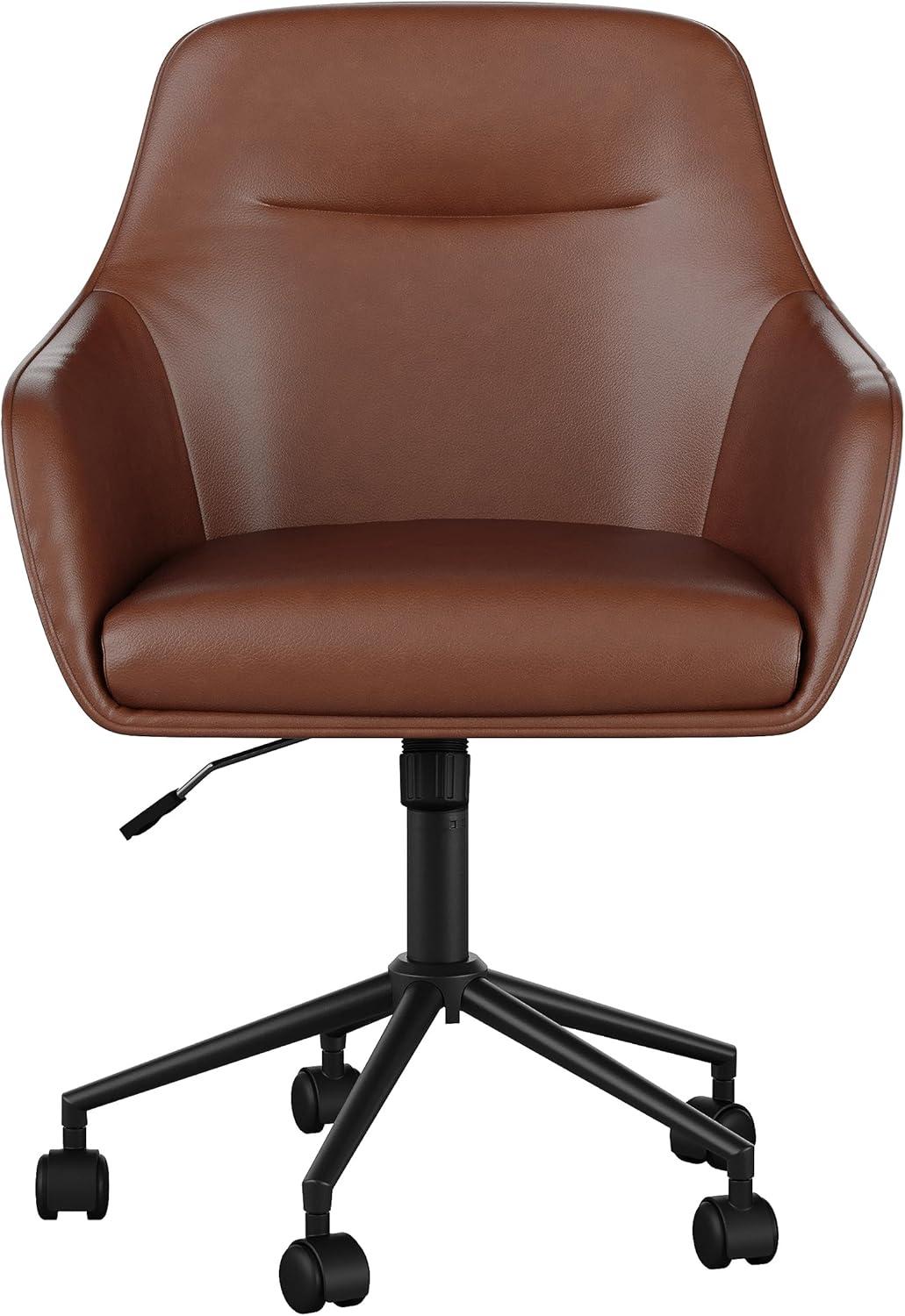 imageMartha Stewart Rayna Swivel Task Chair with Flared Arms for Home Office in White Boucle with Oil Rubbed Bronze FrameSaddle Brown Faux LeatherOil Rubbed Bronze