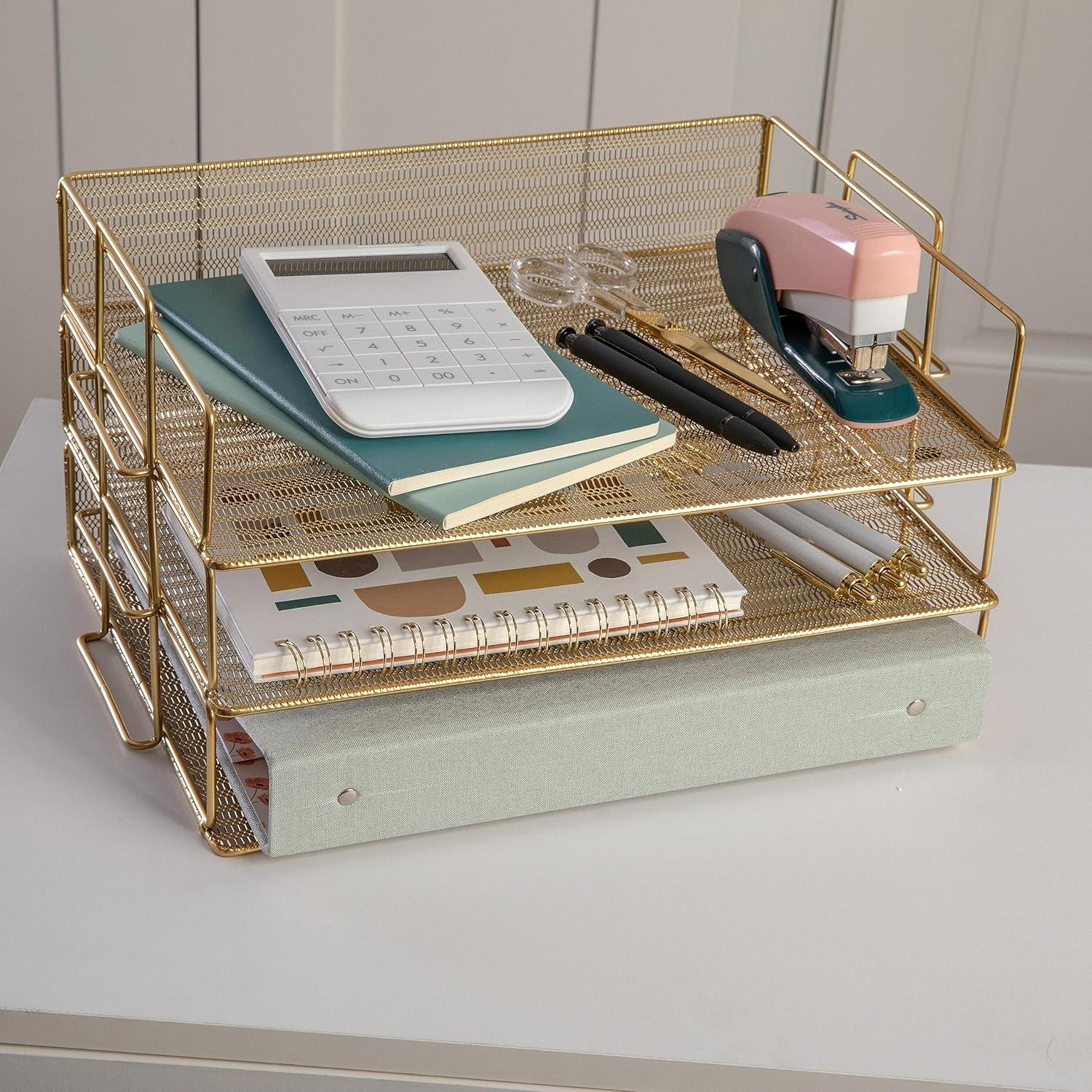 imageMartha Stewart Ryder 3 Tier Desk Letter Tray Organizer Stackable Steel Mesh Inbox Tray for Files Papers or Letters Gold