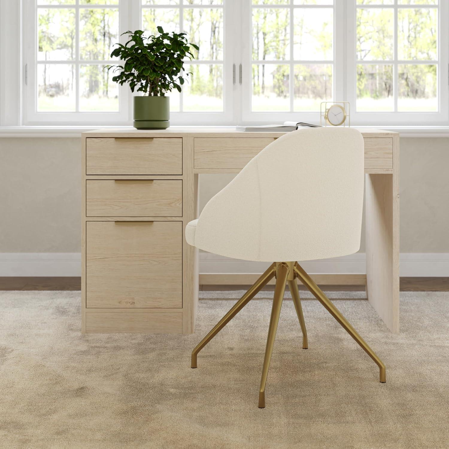 imageMartha Stewart Sora Stationary Swivel Task Chair with Sloped Arms for Home Office in Sage Faux Leather with Polished Brass FrameOff White BouclePolished Brass Frame