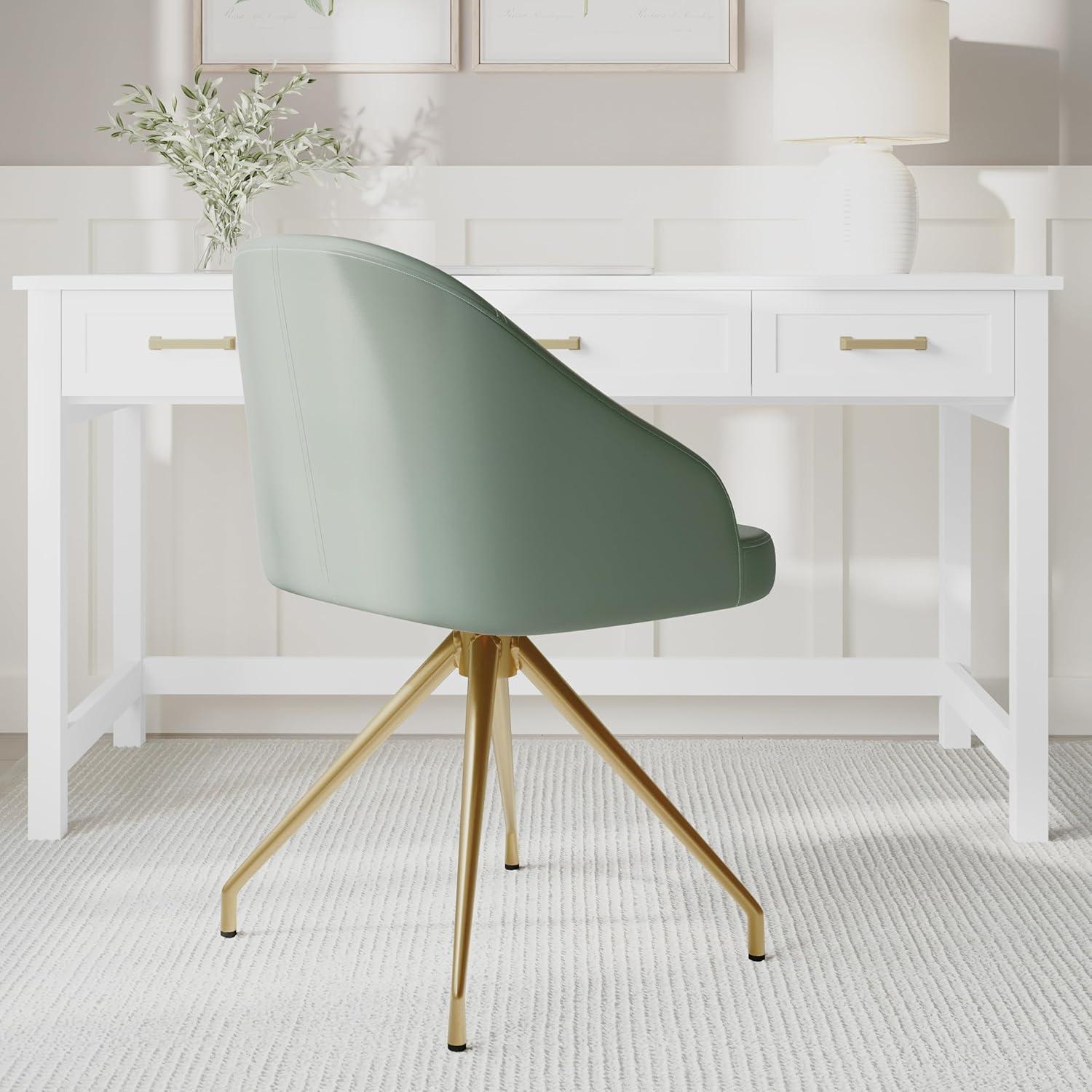 imageMartha Stewart Sora Stationary Swivel Task Chair with Sloped Arms for Home Office in Sage Faux Leather with Polished Brass FrameSage Faux LeatherPolished Brass Frame