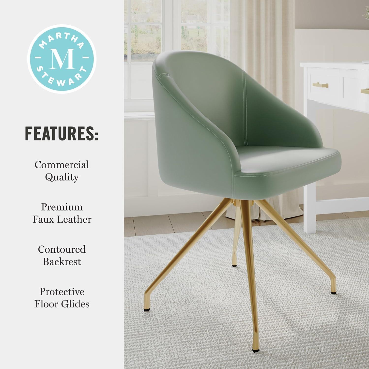 imageMartha Stewart Sora Stationary Swivel Task Chair with Sloped Arms for Home Office in Sage Faux Leather with Polished Brass FrameSage Faux LeatherPolished Brass Frame