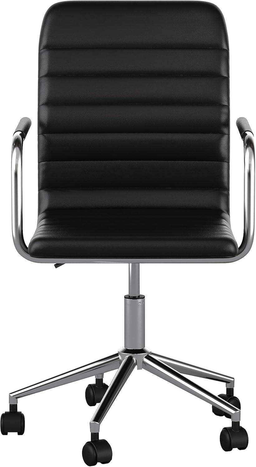 imageMartha Stewart Taytum Swivel Task Chair with Armrests for Home Office in White Faux Leather with Polished Brass FrameBlack Faux LeatherPolished Nickel