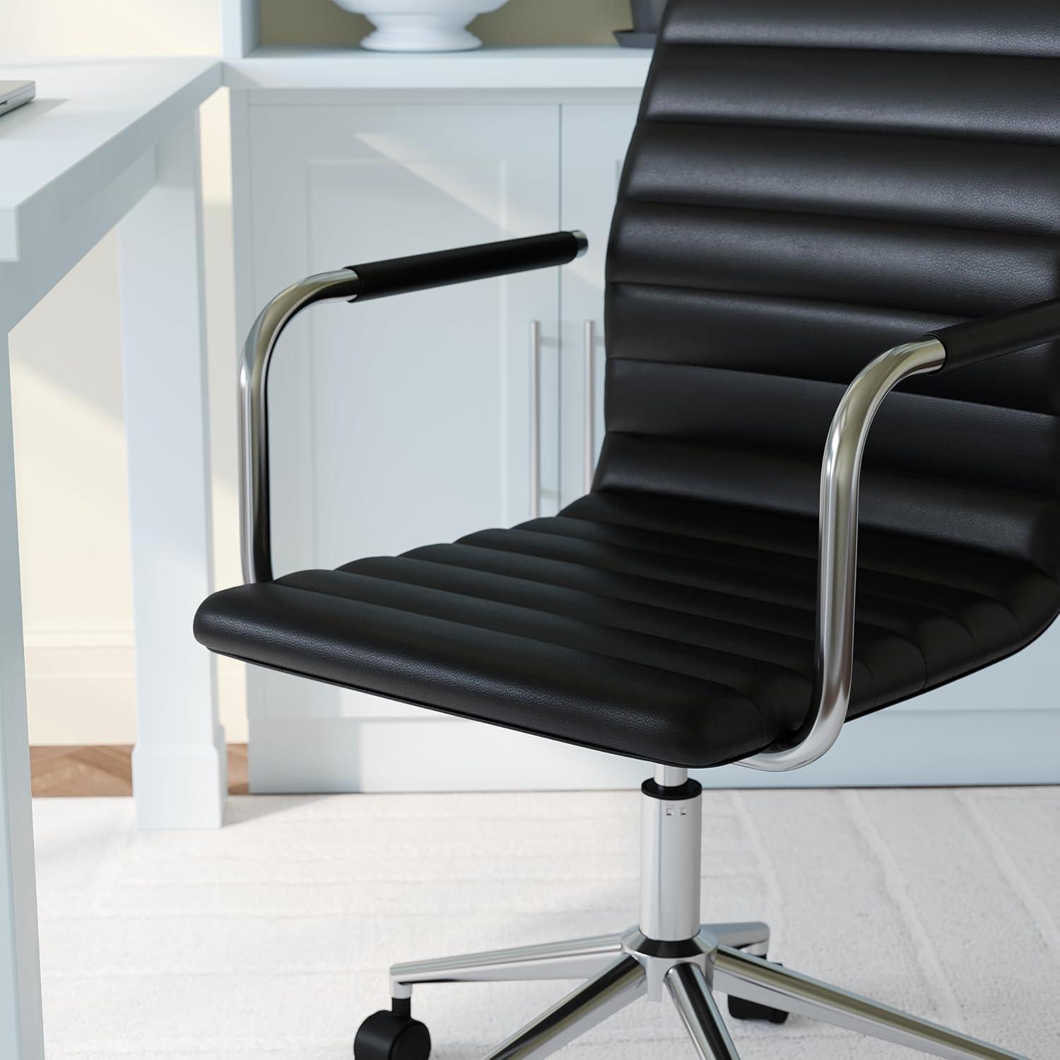 imageMartha Stewart Taytum Swivel Task Chair with Armrests for Home Office in White Faux Leather with Polished Brass FrameBlack Faux LeatherPolished Nickel