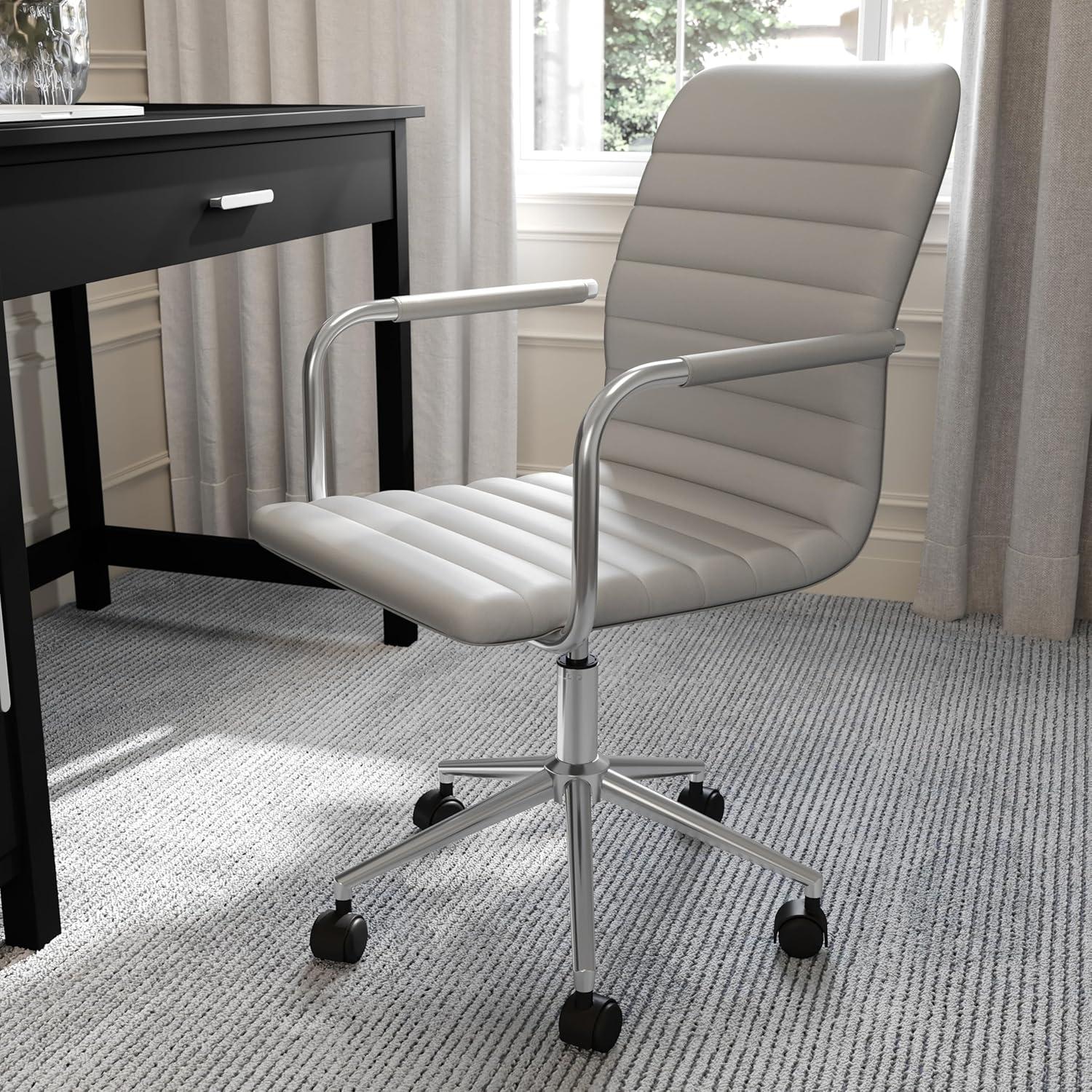 imageMartha Stewart Taytum Swivel Task Chair with Armrests for Home Office in White Faux Leather with Polished Brass FrameGray Faux LeatherPolished Nickel Frame