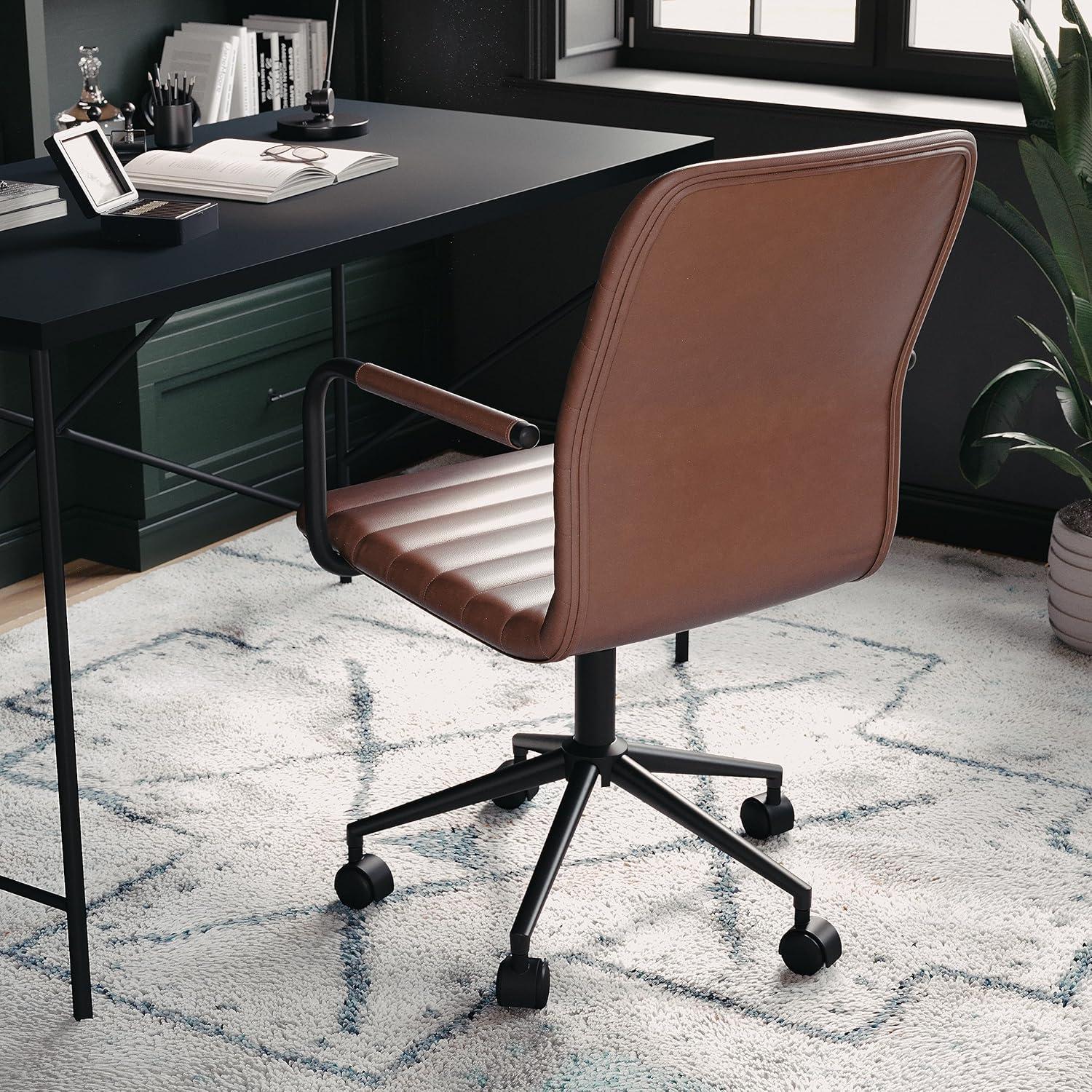 imageMartha Stewart Taytum Swivel Task Chair with Armrests for Home Office in White Faux Leather with Polished Brass FrameSaddle Brown Faux LeatherOil Rubbed Bronze