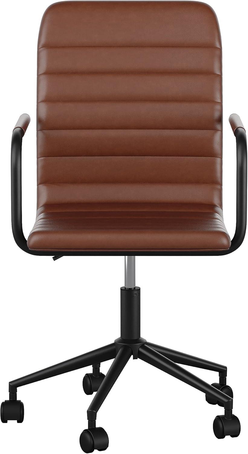 imageMartha Stewart Taytum Swivel Task Chair with Armrests for Home Office in White Faux Leather with Polished Brass FrameSaddle Brown Faux LeatherOil Rubbed Bronze