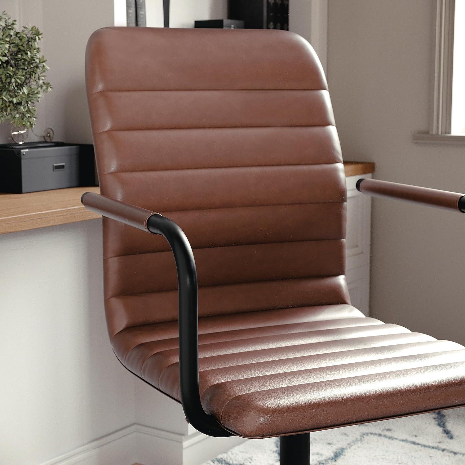 imageMartha Stewart Taytum Swivel Task Chair with Armrests for Home Office in White Faux Leather with Polished Brass FrameSaddle Brown Faux LeatherOil Rubbed Bronze
