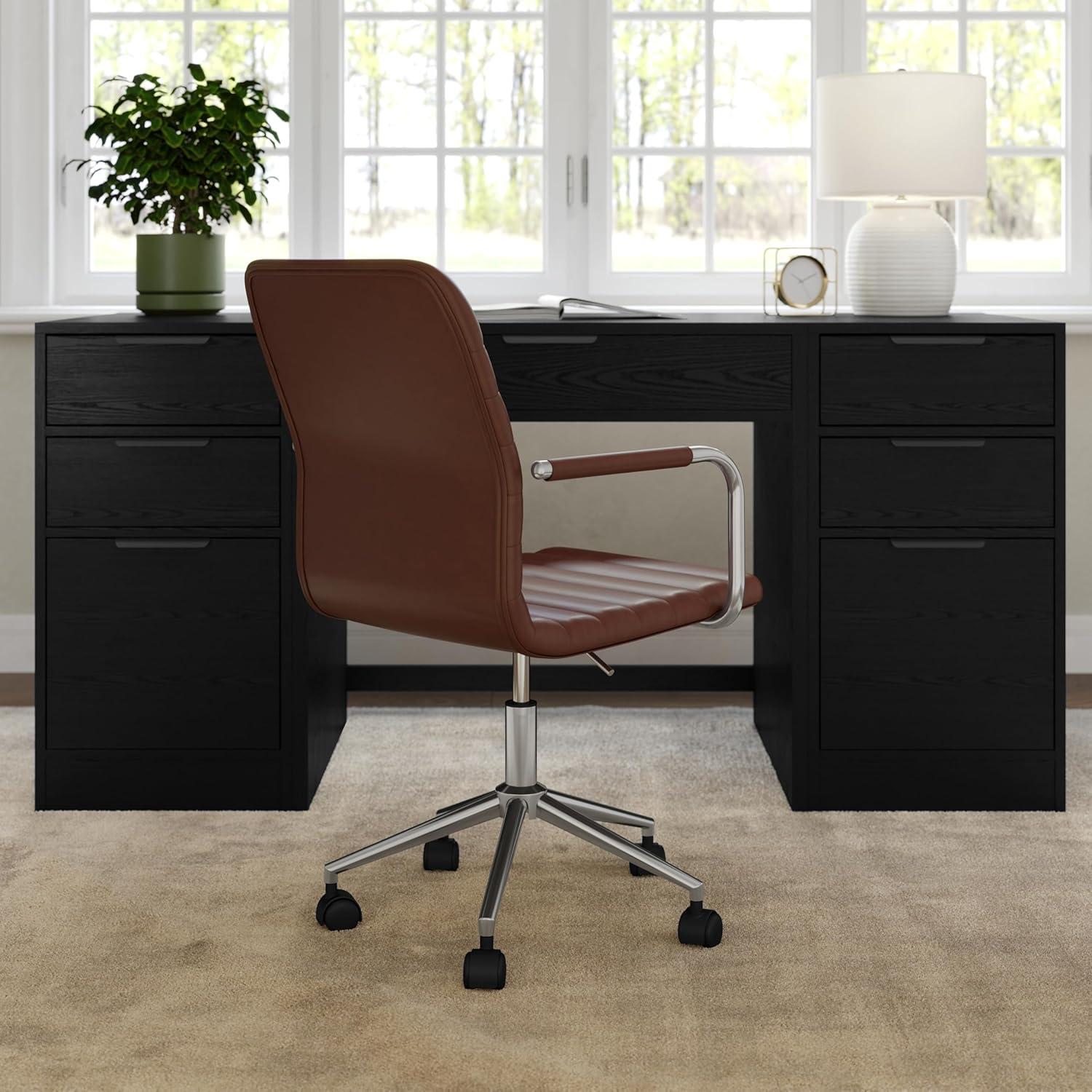 imageMartha Stewart Taytum Swivel Task Chair with Armrests for Home Office in White Faux Leather with Polished Brass FrameSaddle Brown Faux LeatherPolished Nickel Frame