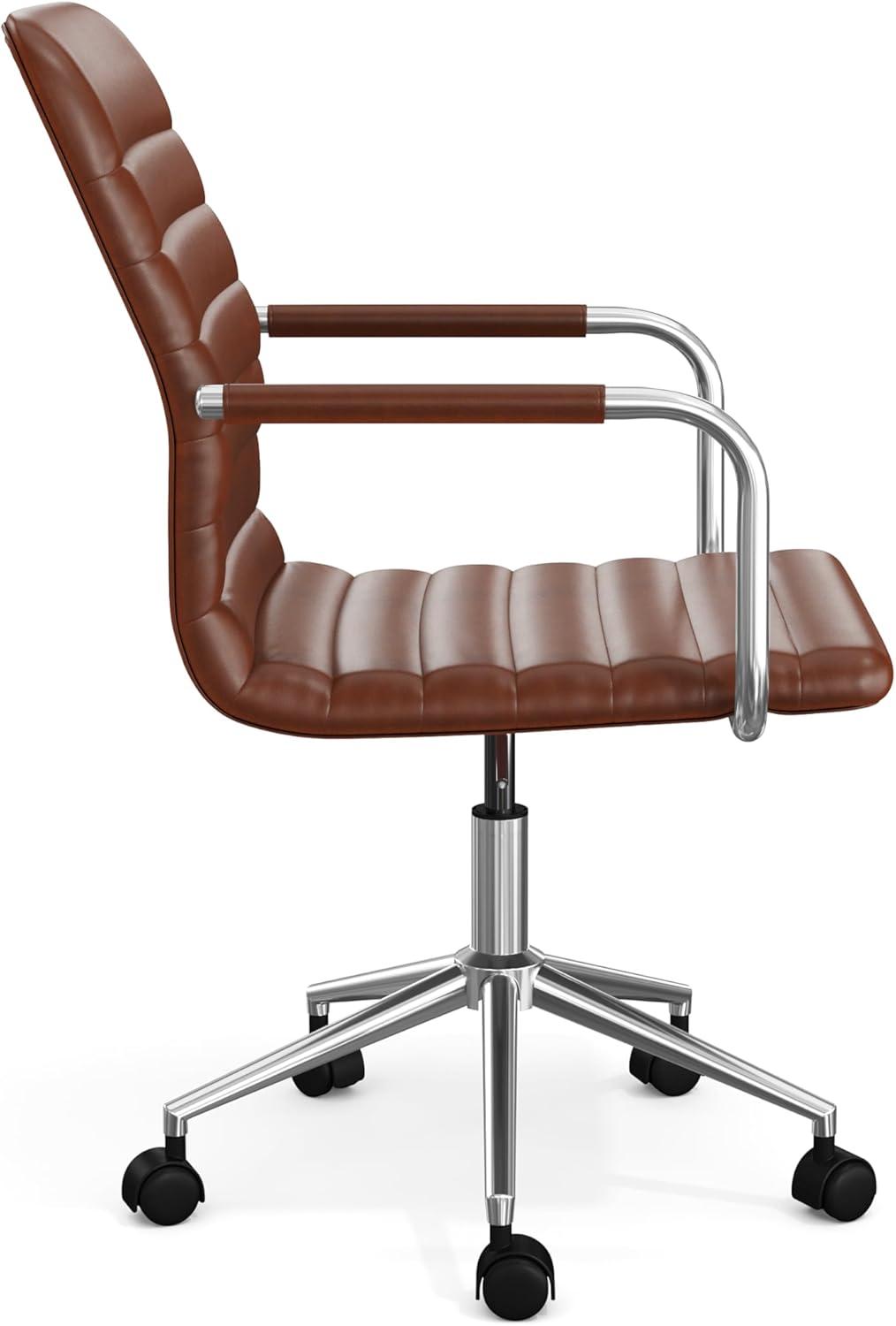 imageMartha Stewart Taytum Swivel Task Chair with Armrests for Home Office in White Faux Leather with Polished Brass FrameSaddle Brown Faux LeatherPolished Nickel Frame