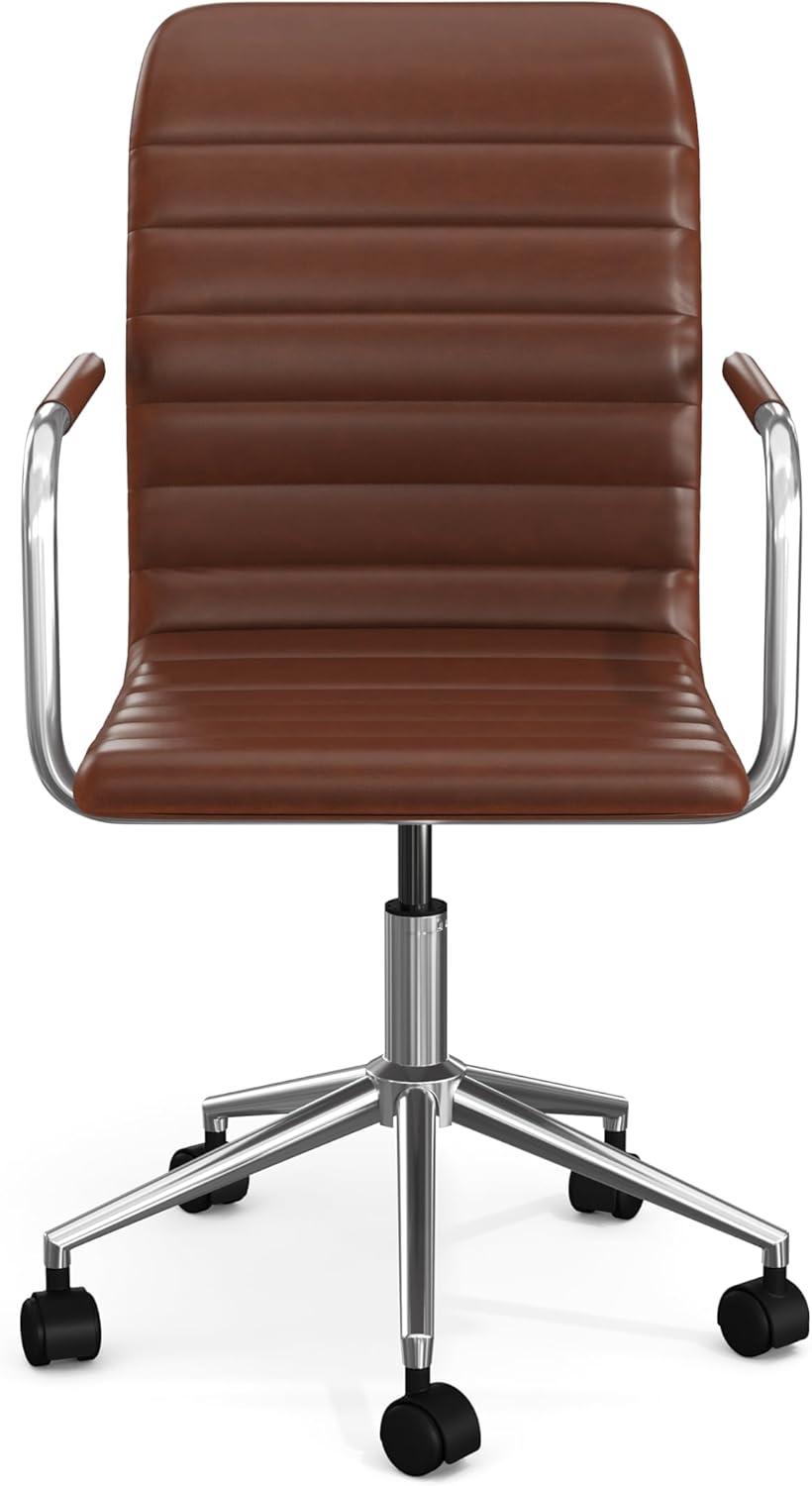 imageMartha Stewart Taytum Swivel Task Chair with Armrests for Home Office in White Faux Leather with Polished Brass FrameSaddle Brown Faux LeatherPolished Nickel Frame