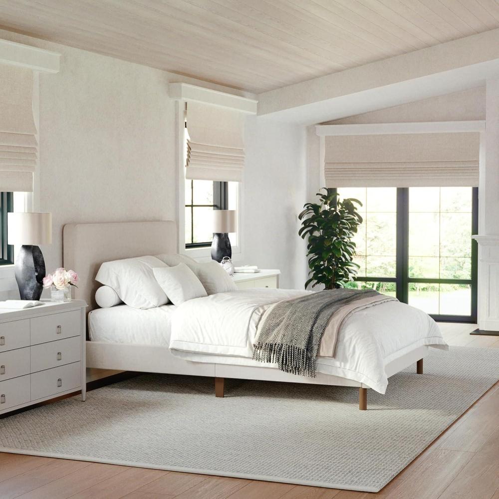 imageMartha Stewart Britta Platform Bed with Headboard ampamp Footboard Faux Linen Upholstery with Piping Detail Rounded Headboard No Box Spring Needed King BeigeBeige FabricWalnut Legs