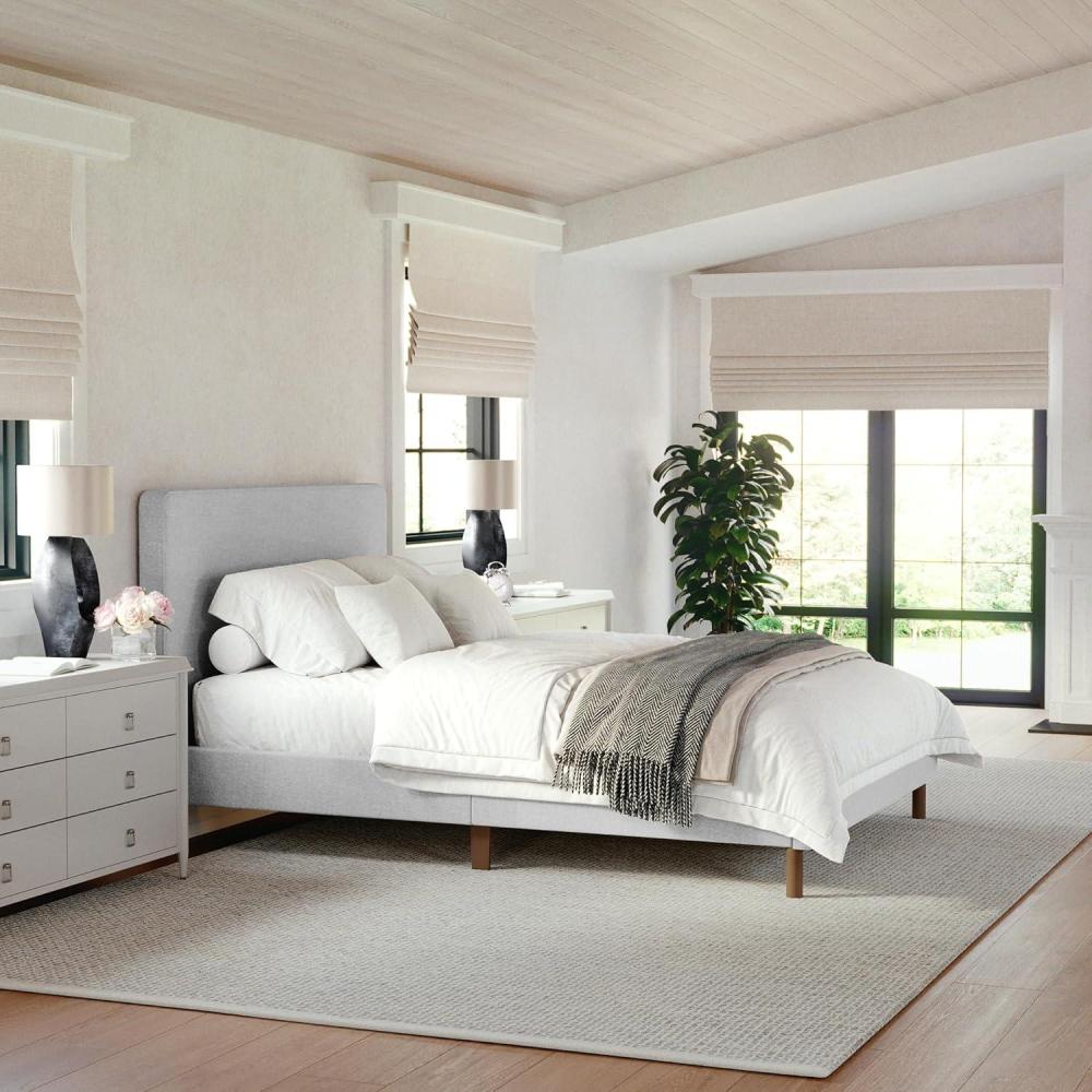 imageMartha Stewart Britta Platform Bed with Headboard ampamp Footboard Faux Linen Upholstery with Piping Detail Rounded Headboard No Box Spring Needed King BeigeGray FabricWalnut Legs