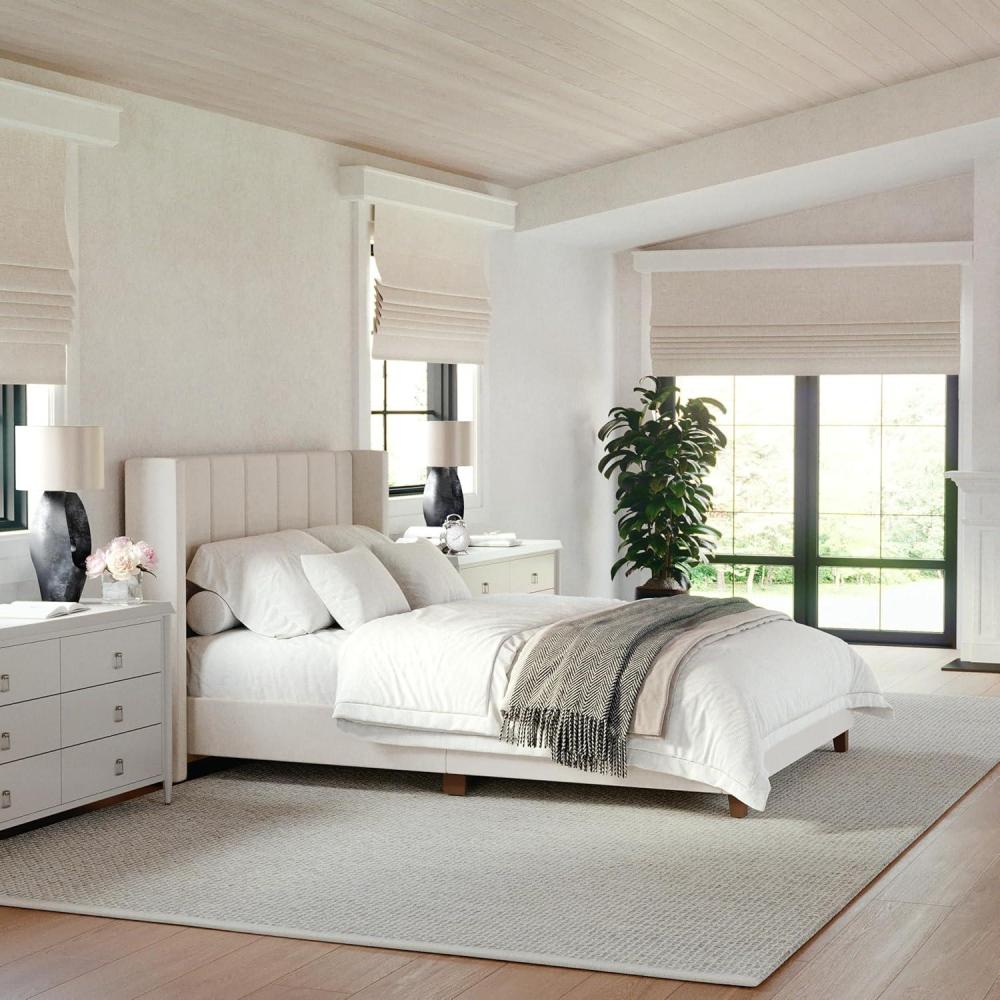 imageMartha Stewart Kay Low Profile Platform Bed with Wingback Headboard Channel Stitched Faux Linen Upholstery No Box Spring Needed King BeigeBeige FabricWalnut Legs