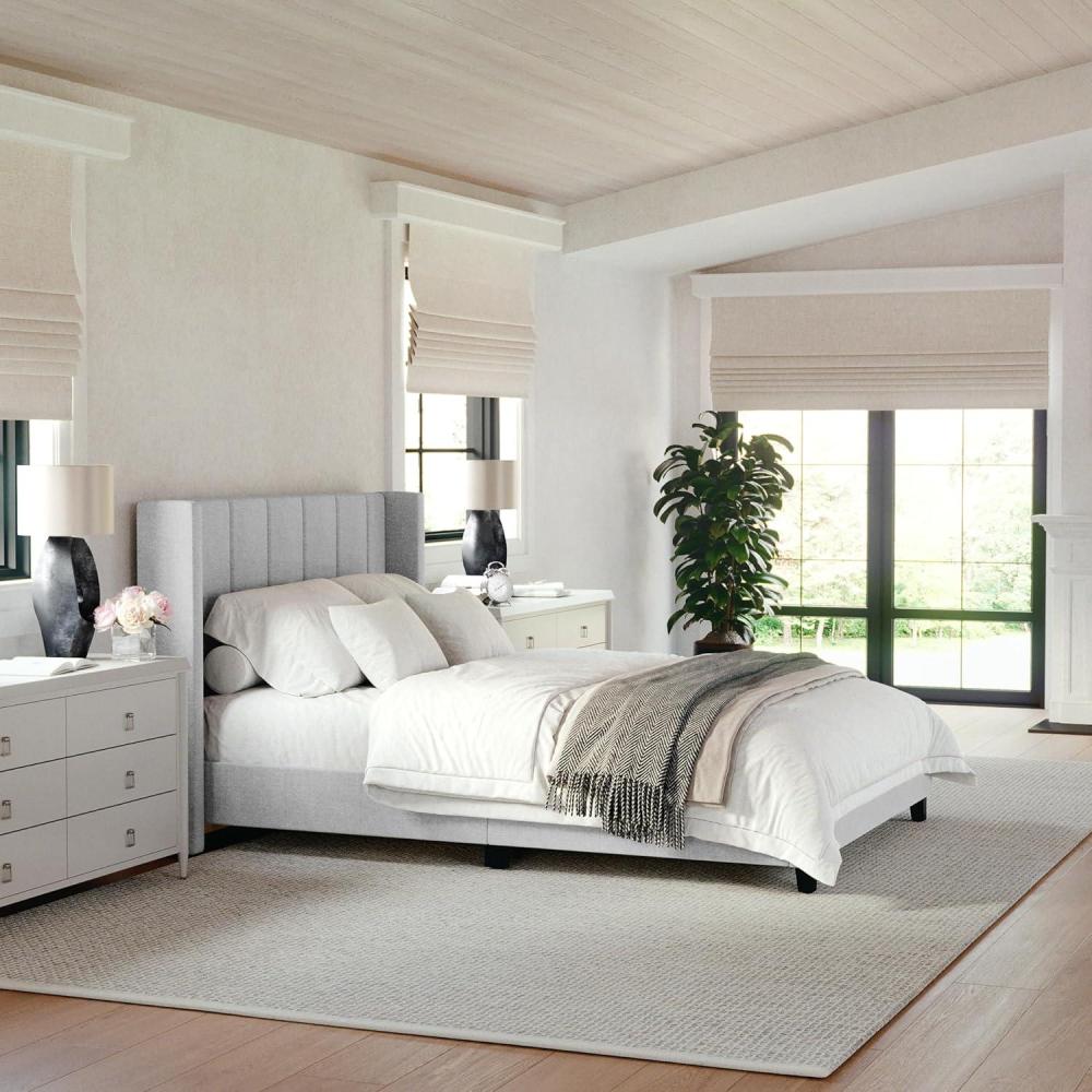imageMartha Stewart Kay Low Profile Platform Bed with Wingback Headboard Channel Stitched Faux Linen Upholstery No Box Spring Needed King BeigeGray FabricBlack Legs