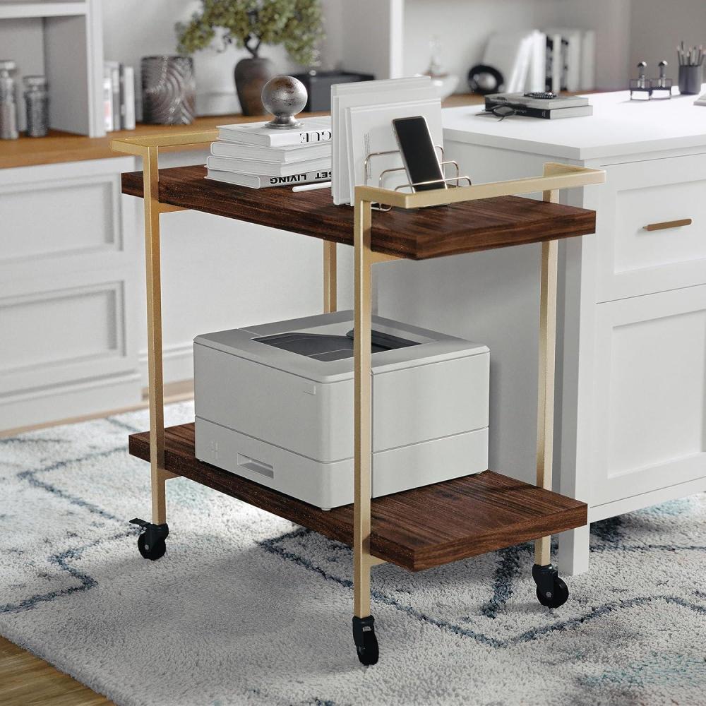 imageMartha Stewart Liam 2Tier Mobile Office Storage and Printer Cart in White with Polished Brass FrameWalnutPolished Brass Frame