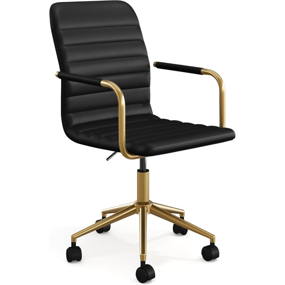 imageMartha Stewart Taytum Swivel Task Chair with Armrests for Home Office in White Faux Leather with Polished Brass FrameBlack Faux LeatherPolished Brass Frame