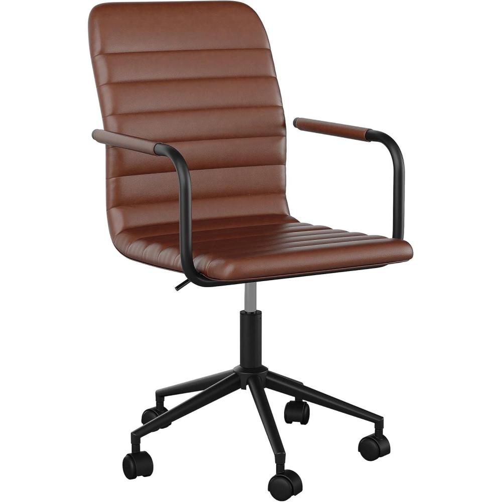imageMartha Stewart Taytum Swivel Task Chair with Armrests for Home Office in White Faux Leather with Polished Brass FrameSaddle Brown Faux LeatherOil Rubbed Bronze